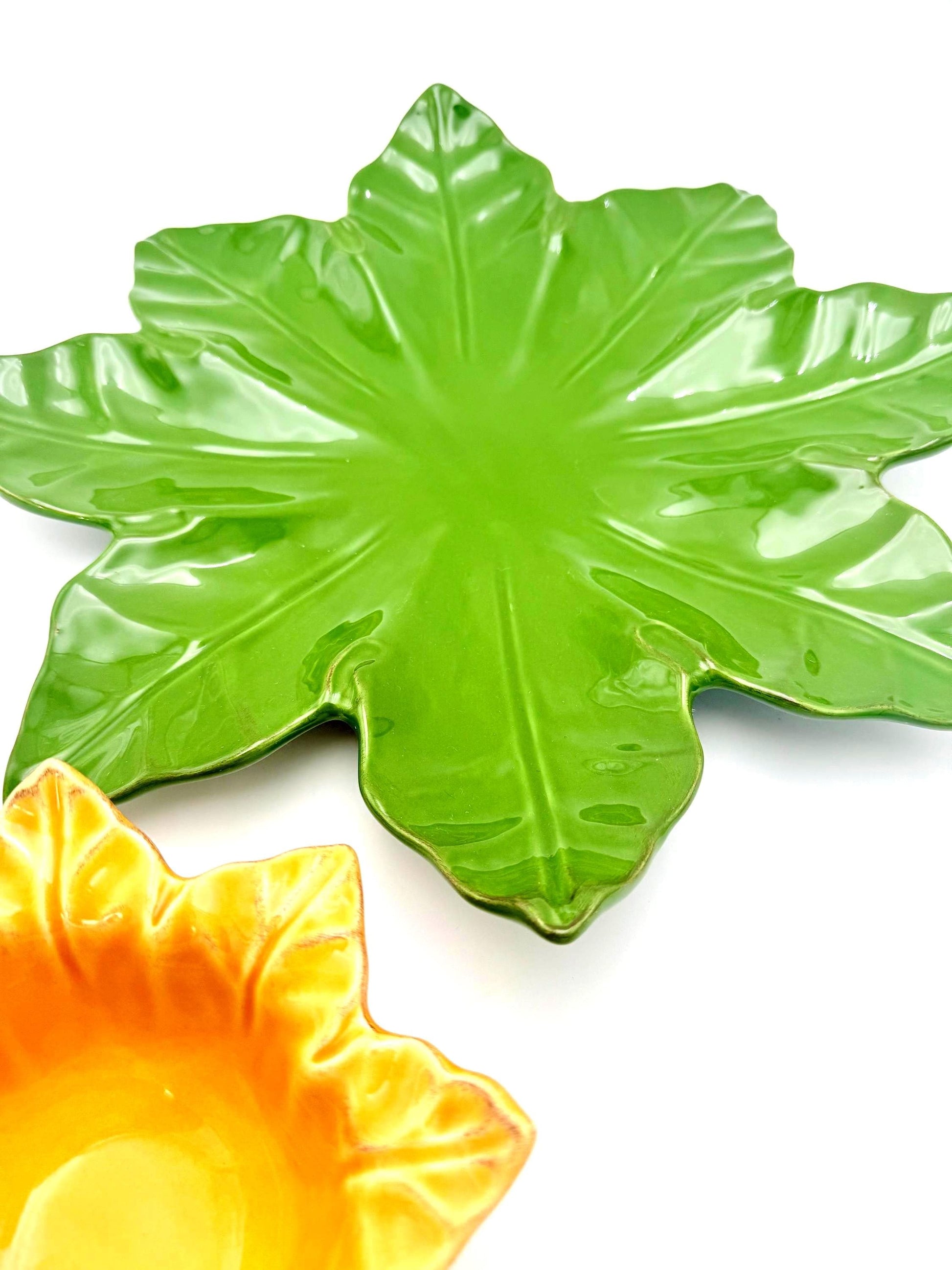Large 17-inch Portuguese ceramic chip and dip set with a leaf-shaped platter and 7.5-inch flower bowl.