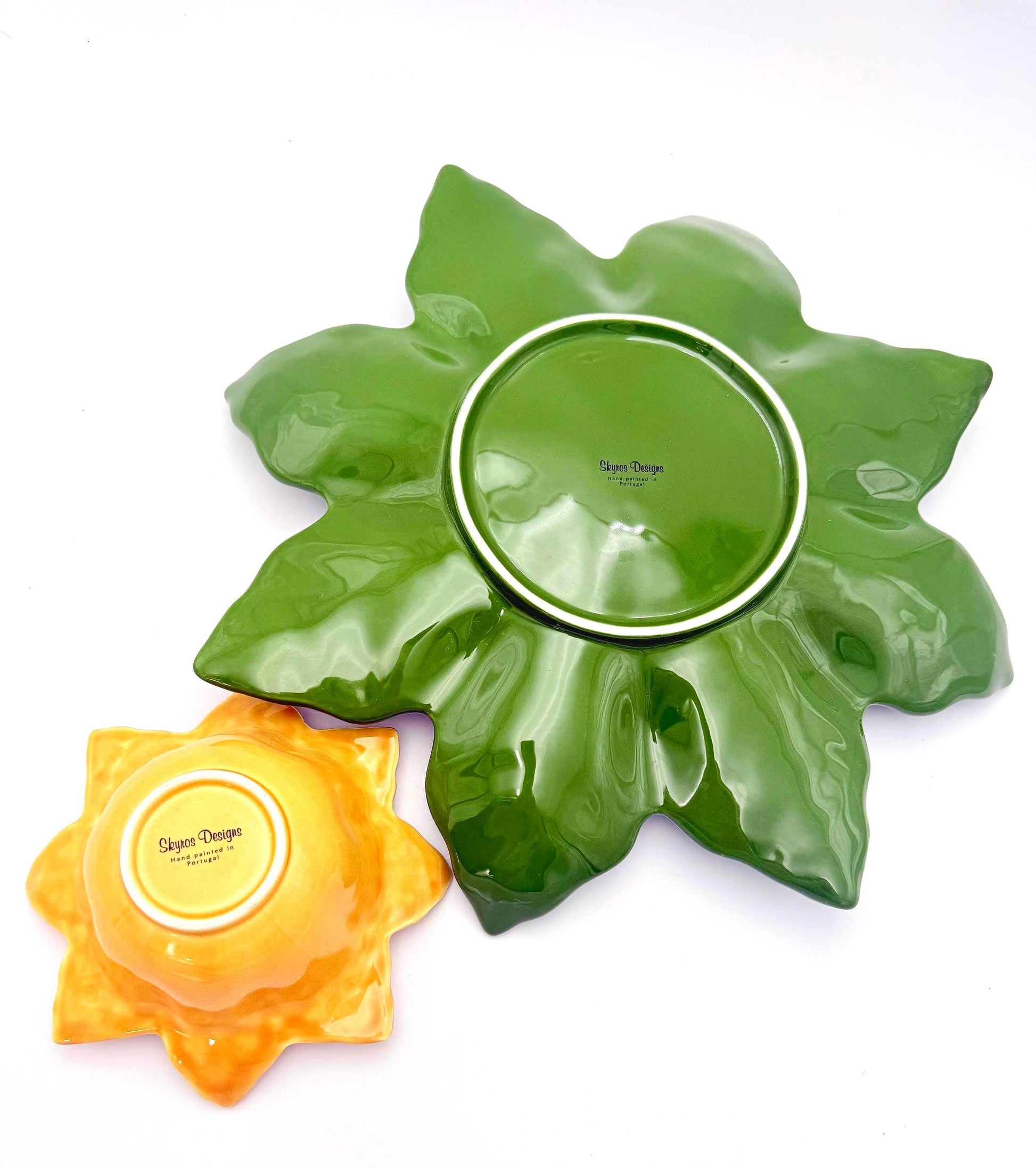 Large 17-inch Portuguese ceramic chip and dip set with a leaf-shaped platter and 7.5-inch flower bowl.