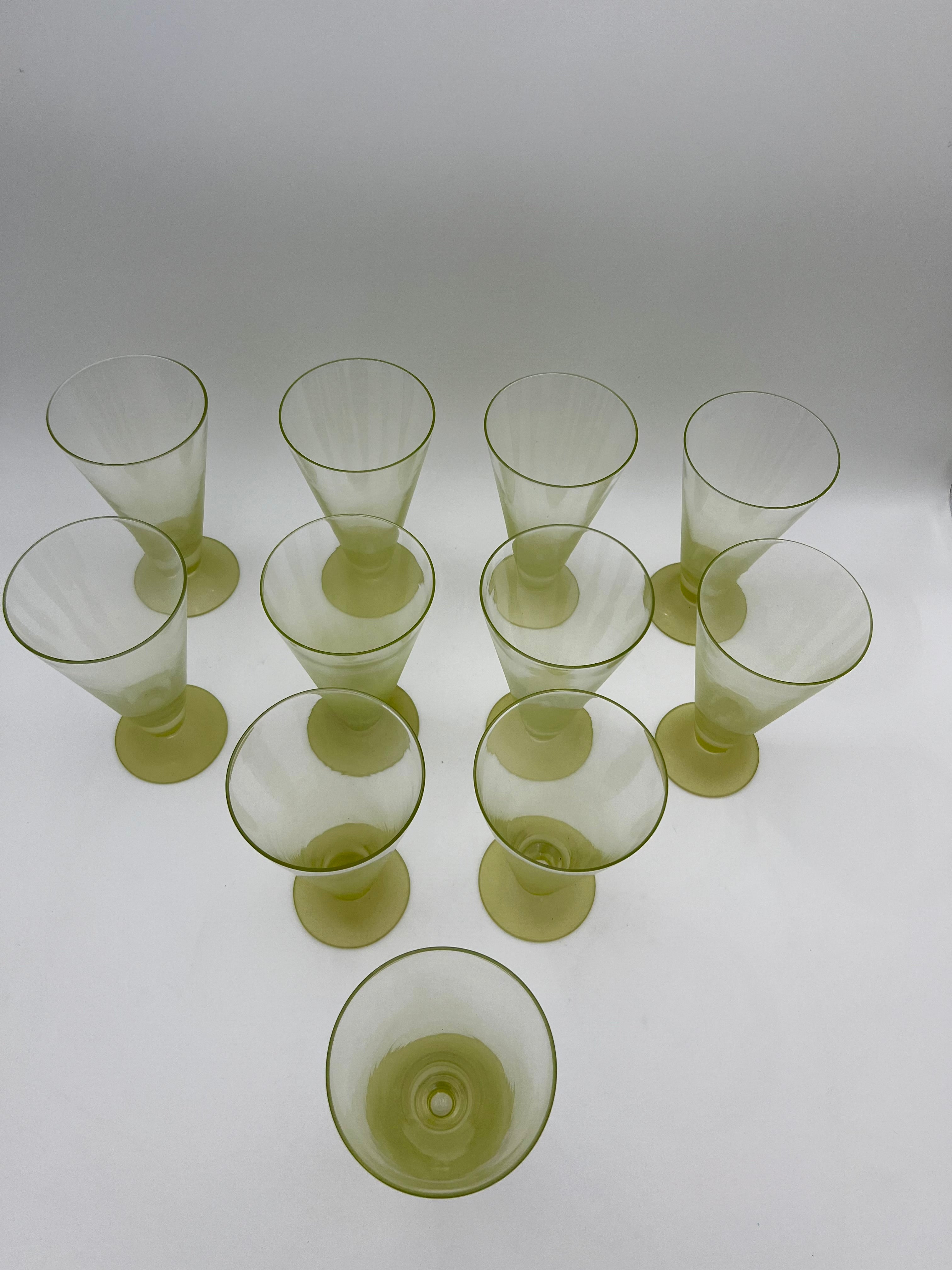 SET OF 11 VINTAGE 1960S BLENDO LIME GREEN FROSTED GOBLETS PARFAIT GLASSES MID CENTURY MODERN