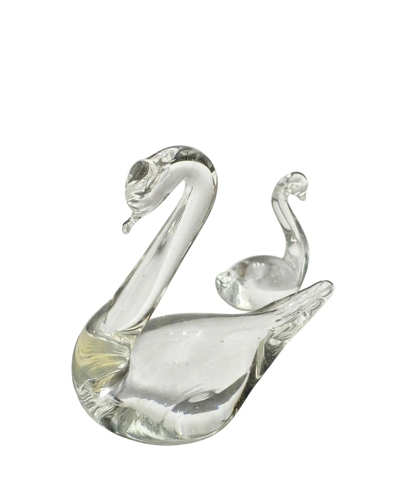 Trio of Swedish vintage art glass figurines featuring two minimalist ducks and one swan in clear hand-blown glass.