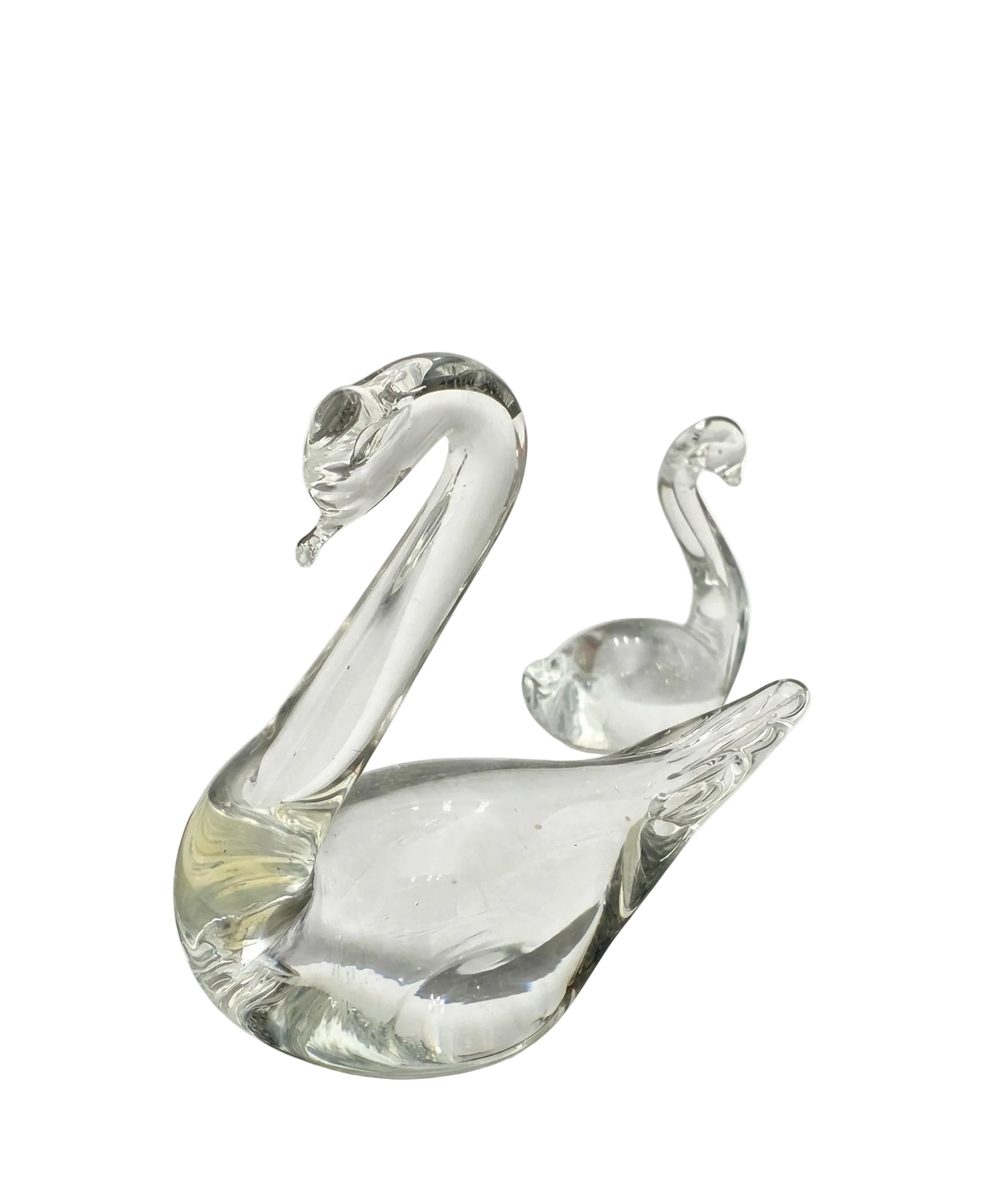 Trio of Swedish vintage art glass figurines featuring two minimalist ducks and one swan in clear hand-blown glass.