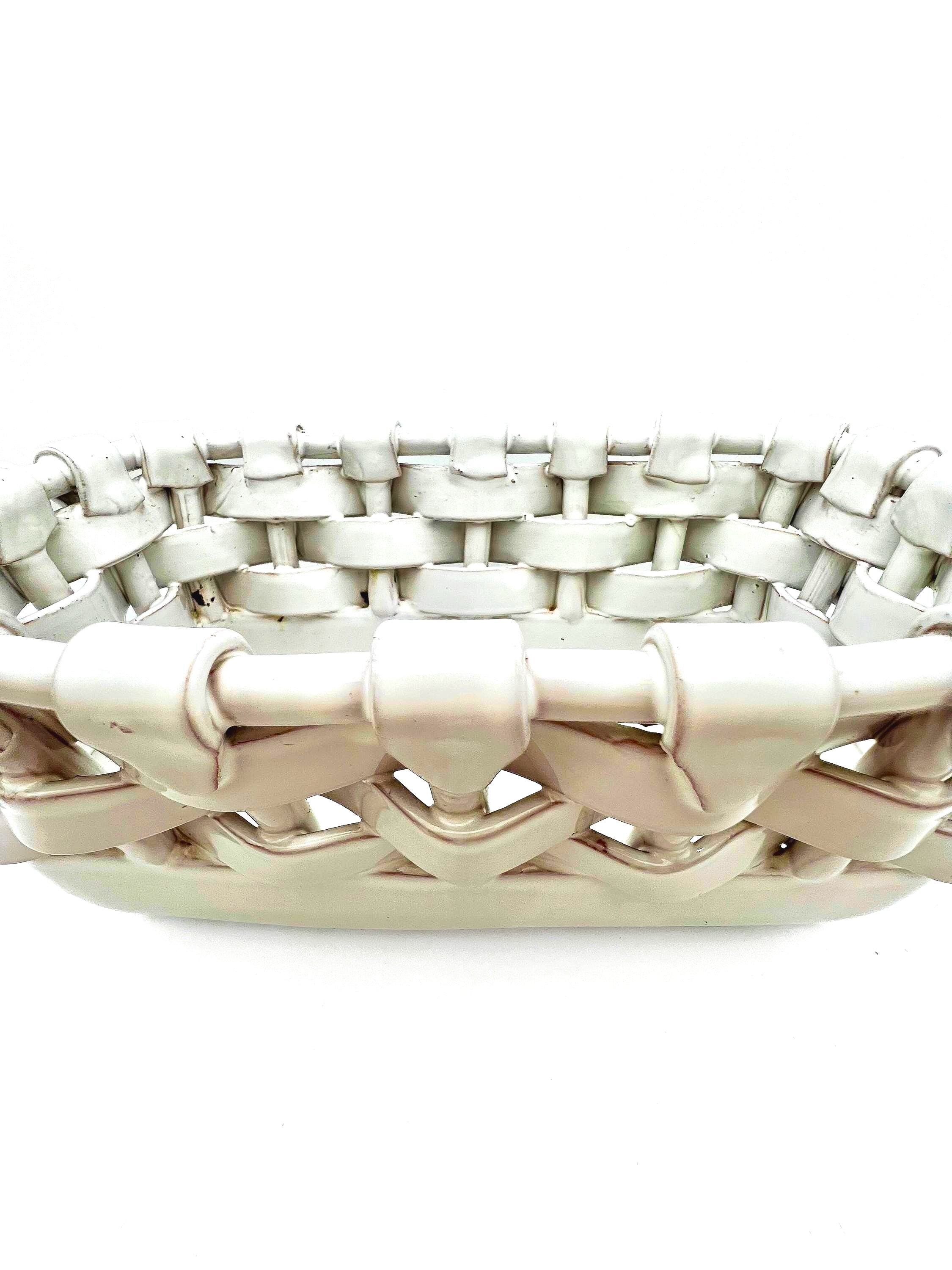 Italian glazed terra cotta decorative basket with a realistic ceramic woven texture.