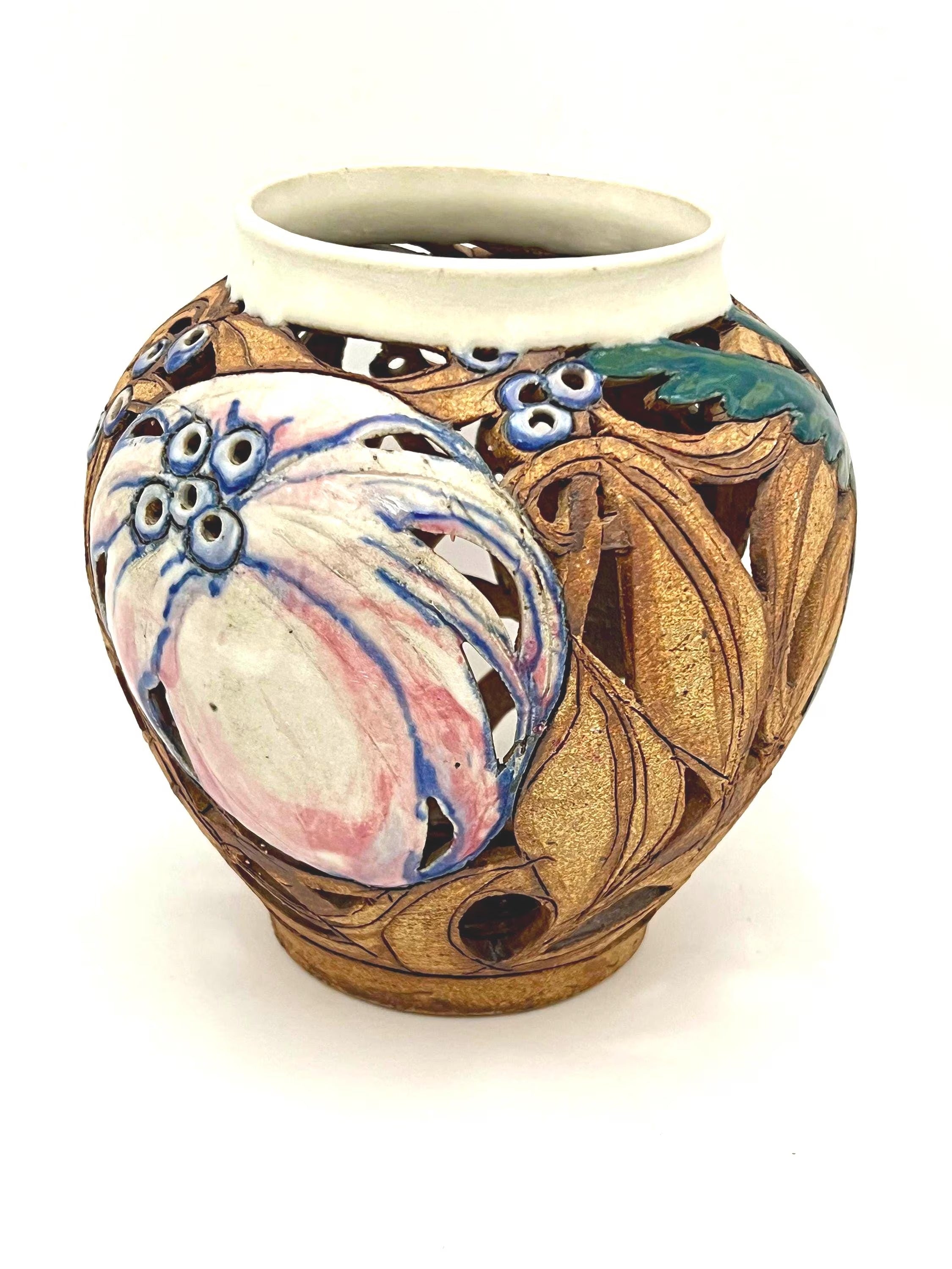 Artist-signed decorative piece featuring a hummingbird motif, usable as a vase or candle lantern.