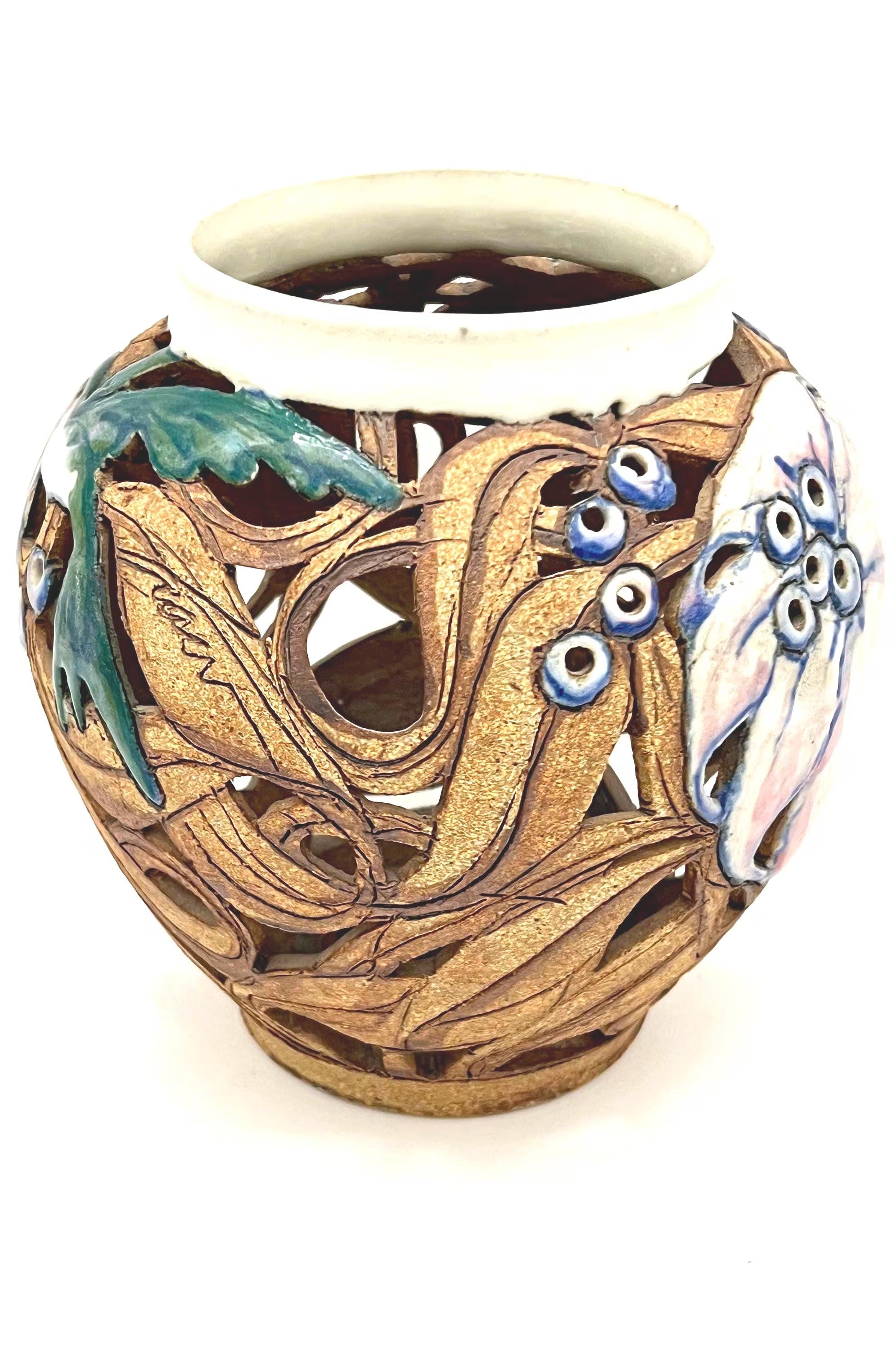 Artist-signed decorative piece featuring a hummingbird motif, usable as a vase or candle lantern.