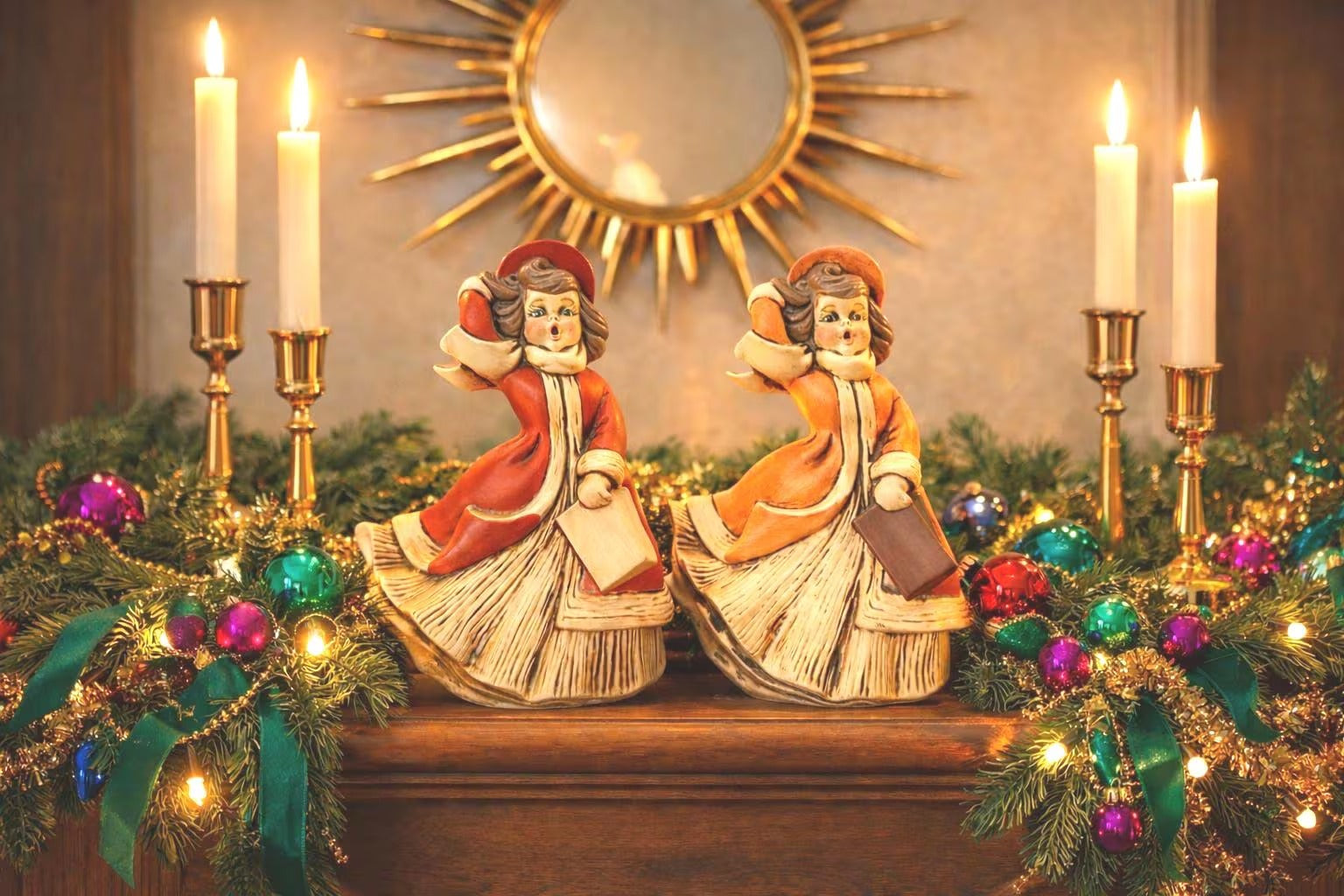 Pair of 1971 vintage Atlantic Mold ceramic figurines of young girls singing Christmas carols.