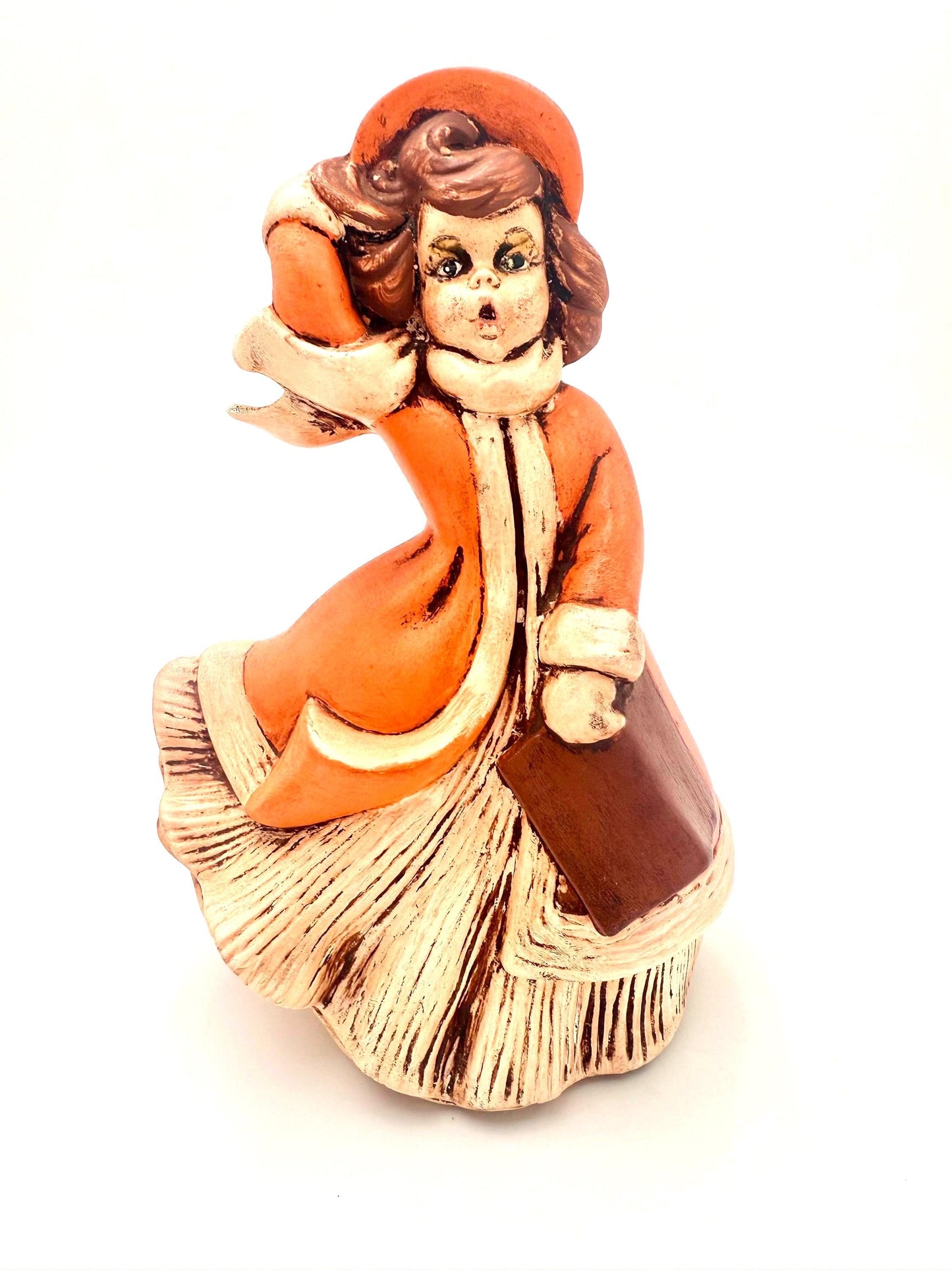 Pair of 1971 vintage Atlantic Mold ceramic figurines of young girls singing Christmas carols.