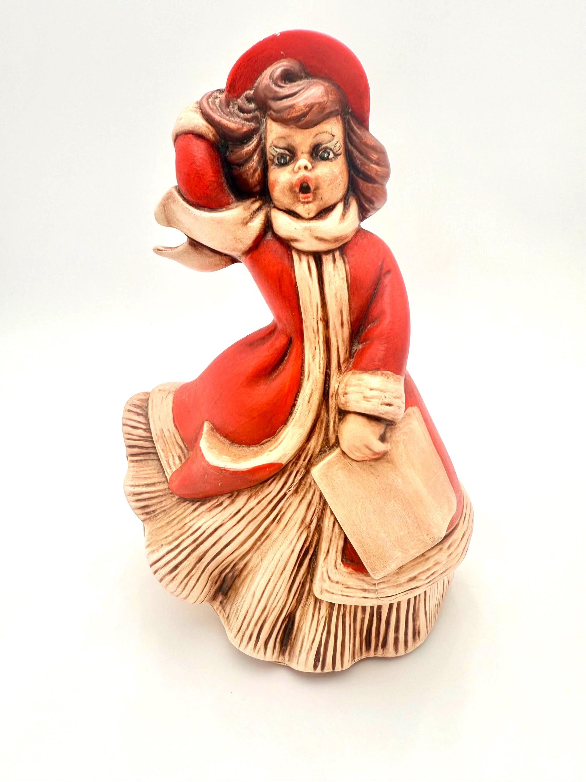 Pair of 1971 vintage Atlantic Mold ceramic figurines of young girls singing Christmas carols.