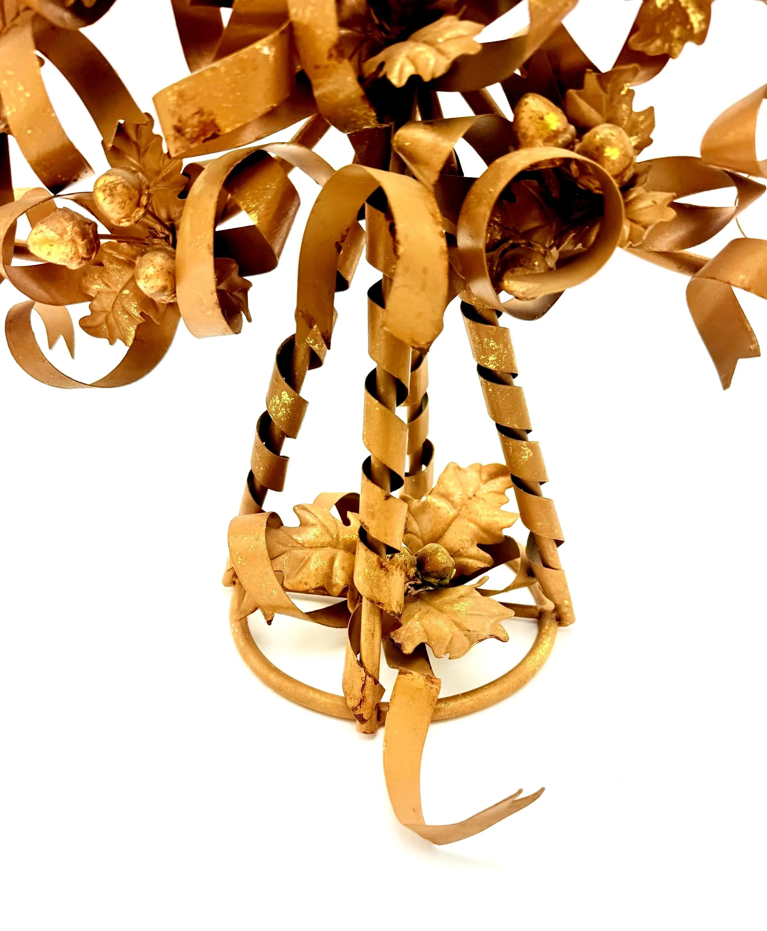 VINTAGE ITALIAN GILT TOLE CHRISTMAS TREE CANDELABRA WITH ACORNS AND RIBBONS – HOLLYWOOD REGENCY GOLD METAL CANDLE HOLDER