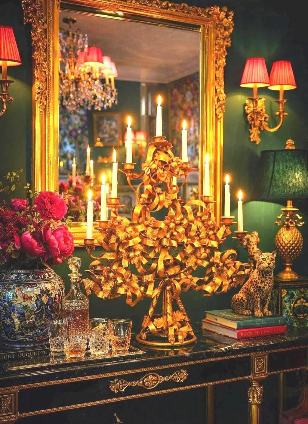 VINTAGE ITALIAN GILT TOLE CHRISTMAS TREE CANDELABRA WITH ACORNS AND RIBBONS – HOLLYWOOD REGENCY GOLD METAL CANDLE HOLDER