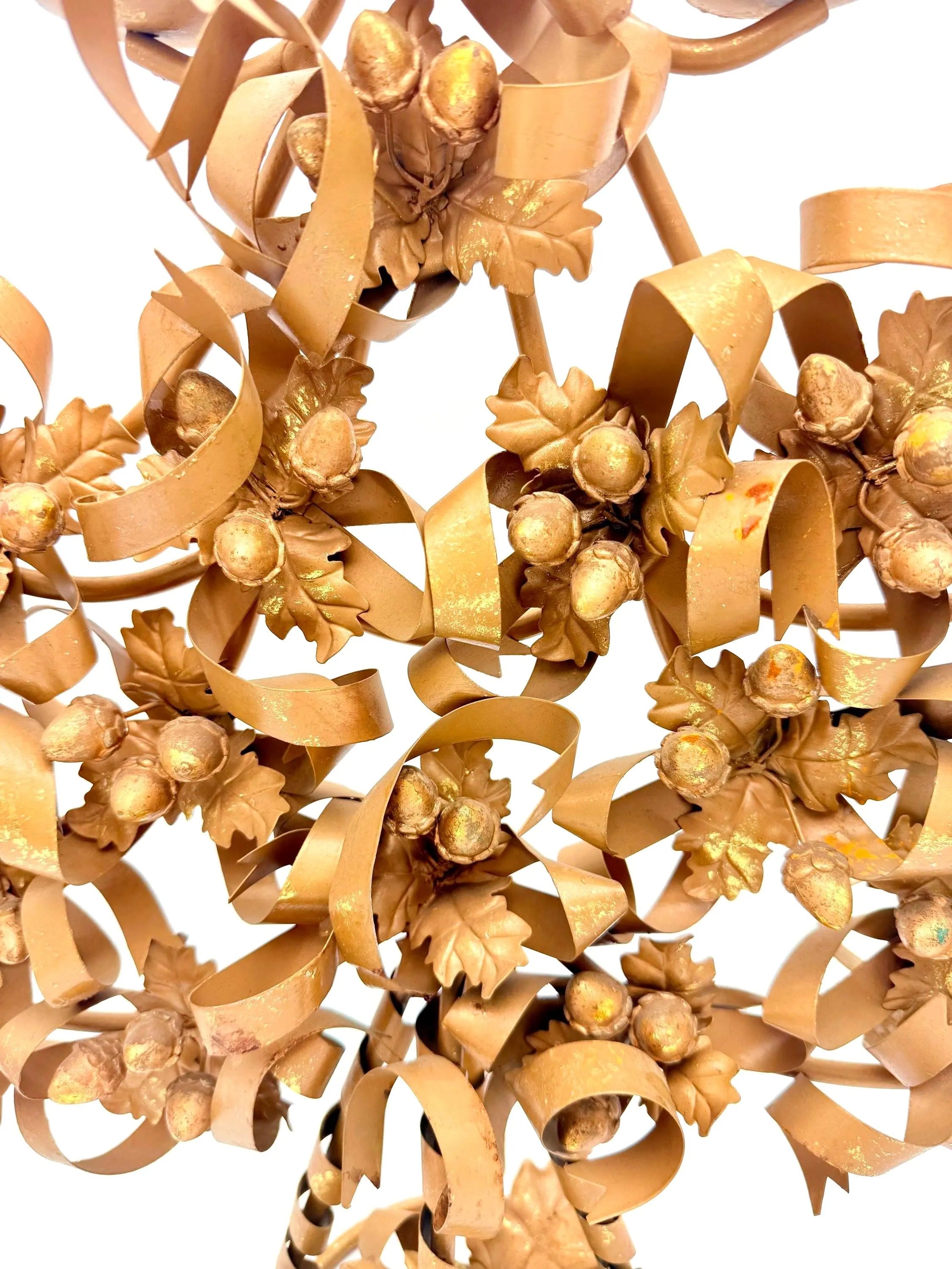 VINTAGE ITALIAN GILT TOLE CHRISTMAS TREE CANDELABRA WITH ACORNS AND RIBBONS – HOLLYWOOD REGENCY GOLD METAL CANDLE HOLDER