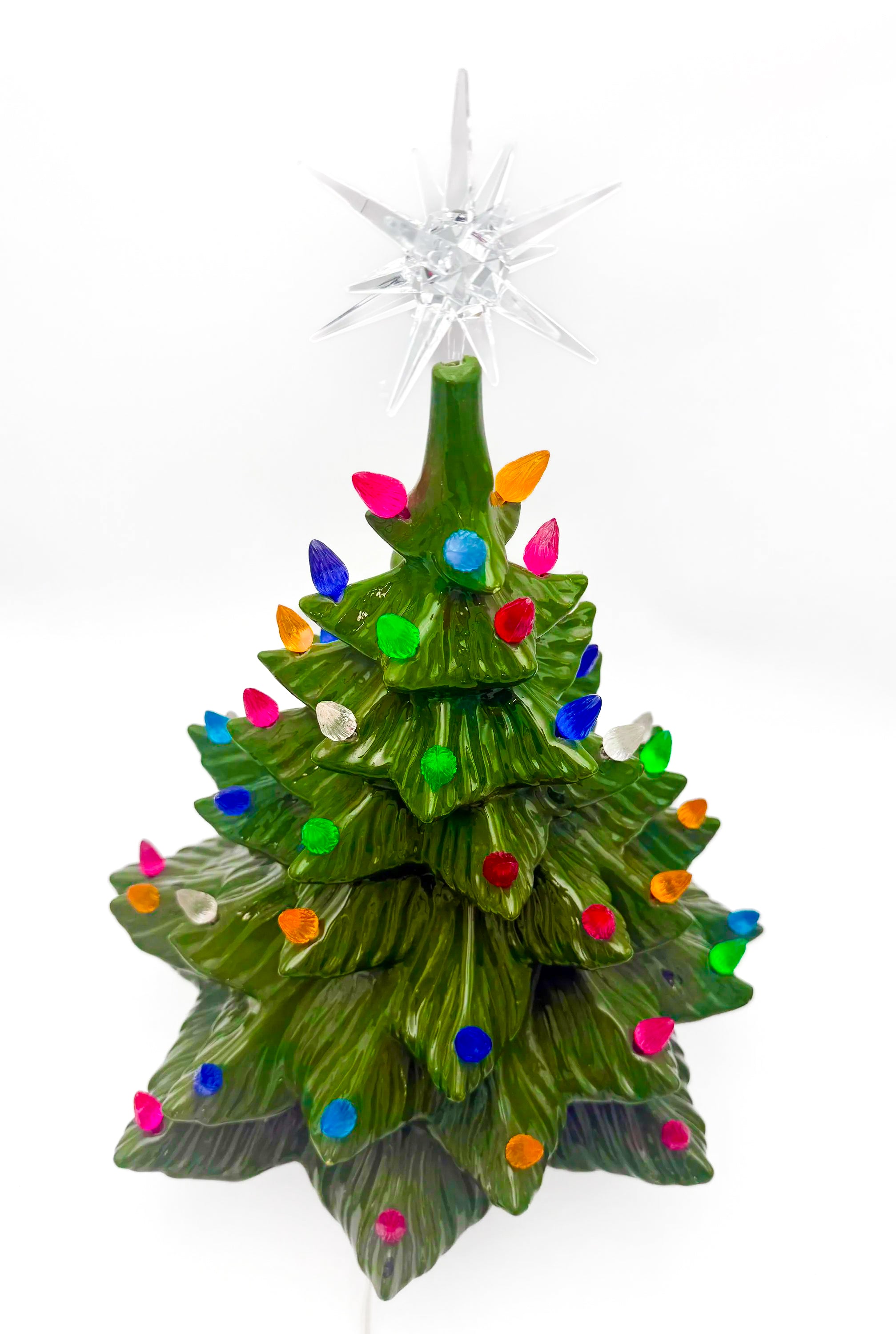 Large lighted 22-inch ceramic Christmas tree by Atlantic Mold with multicolor bulbs, star topper, and music box.