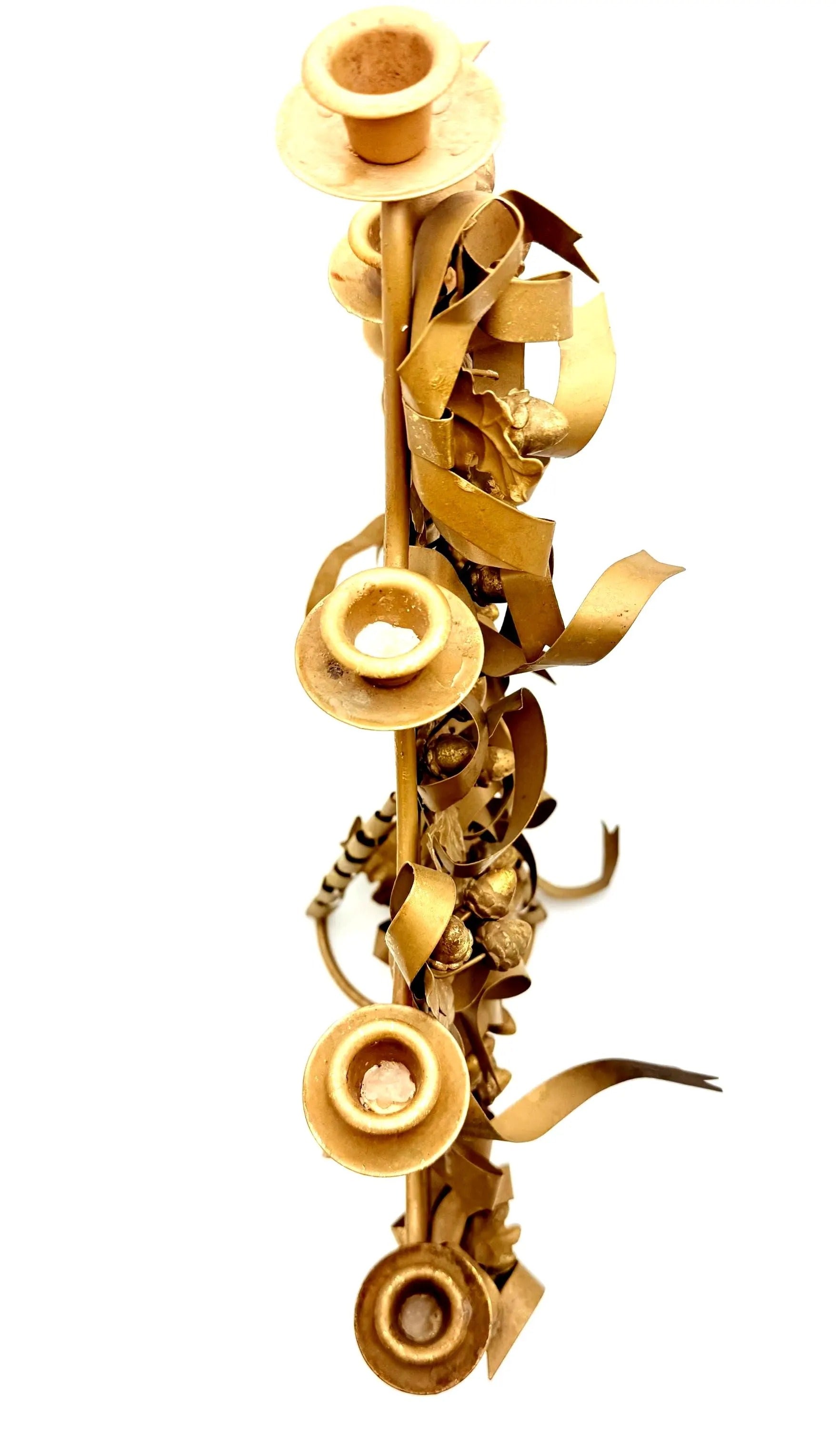 VINTAGE ITALIAN GILT TOLE CHRISTMAS TREE CANDELABRA WITH ACORNS AND RIBBONS – HOLLYWOOD REGENCY GOLD METAL CANDLE HOLDER