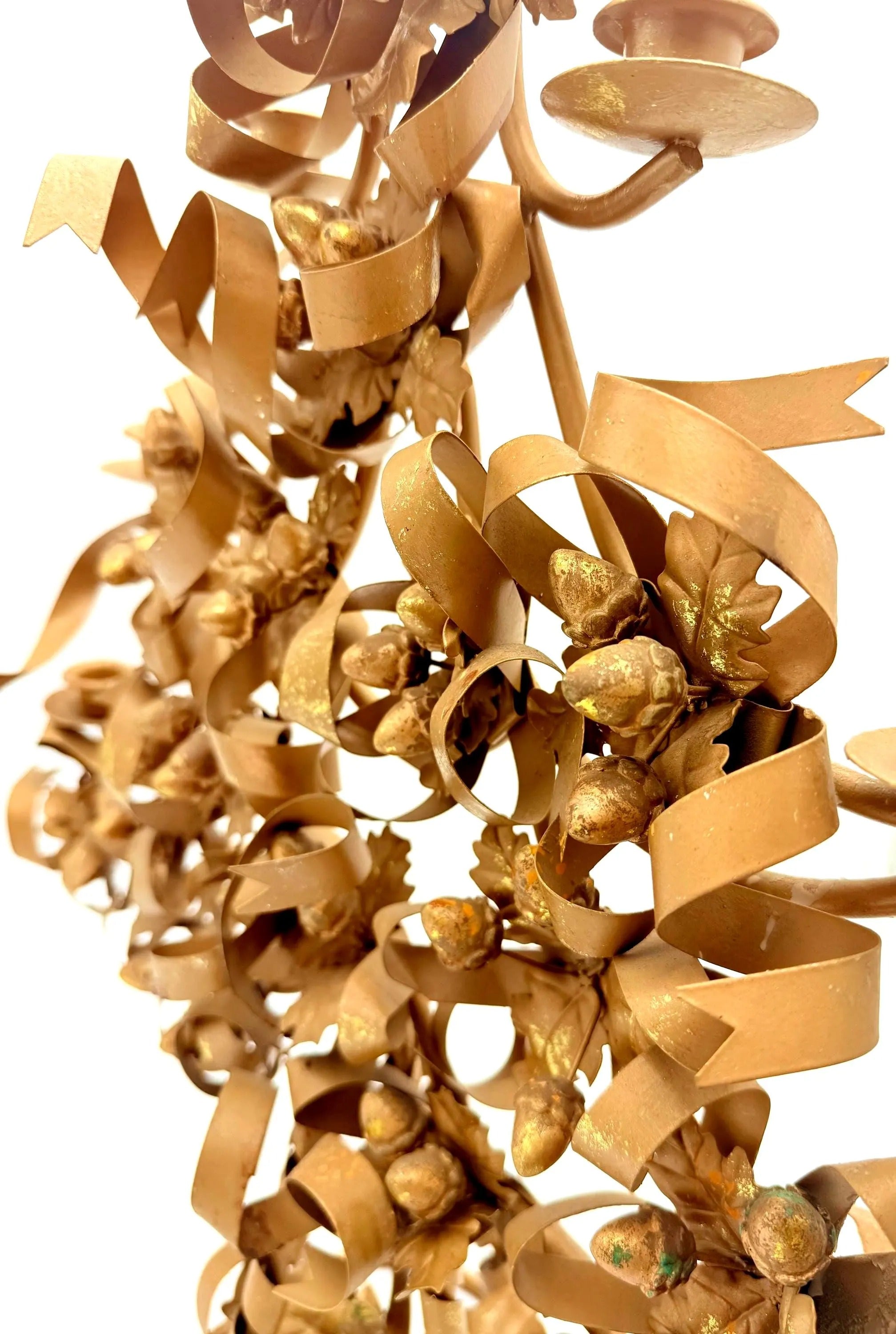 VINTAGE ITALIAN GILT TOLE CHRISTMAS TREE CANDELABRA WITH ACORNS AND RIBBONS – HOLLYWOOD REGENCY GOLD METAL CANDLE HOLDER