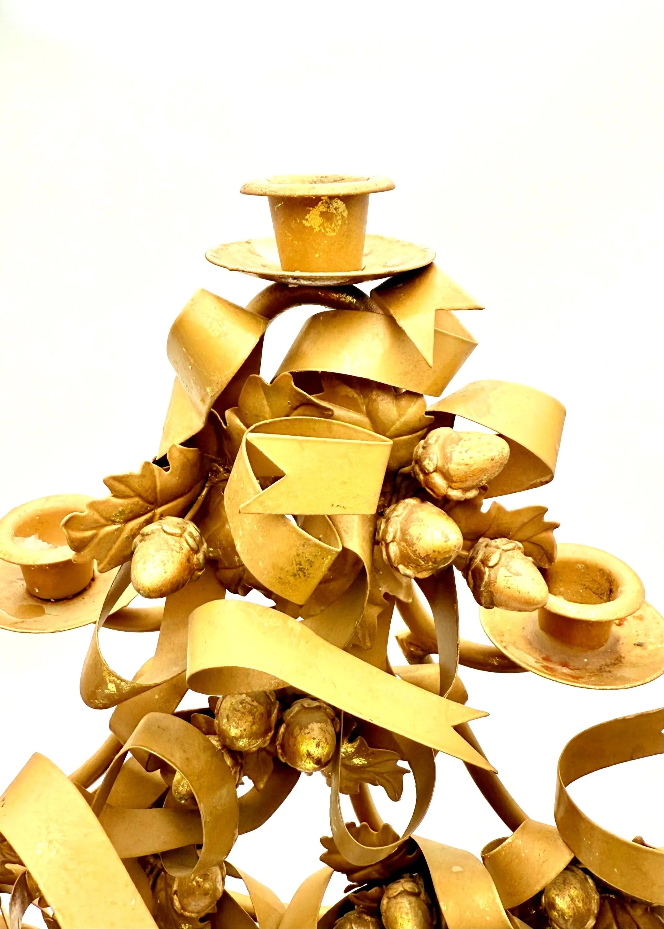 VINTAGE ITALIAN GILT TOLE CHRISTMAS TREE CANDELABRA WITH ACORNS AND RIBBONS – HOLLYWOOD REGENCY GOLD METAL CANDLE HOLDER