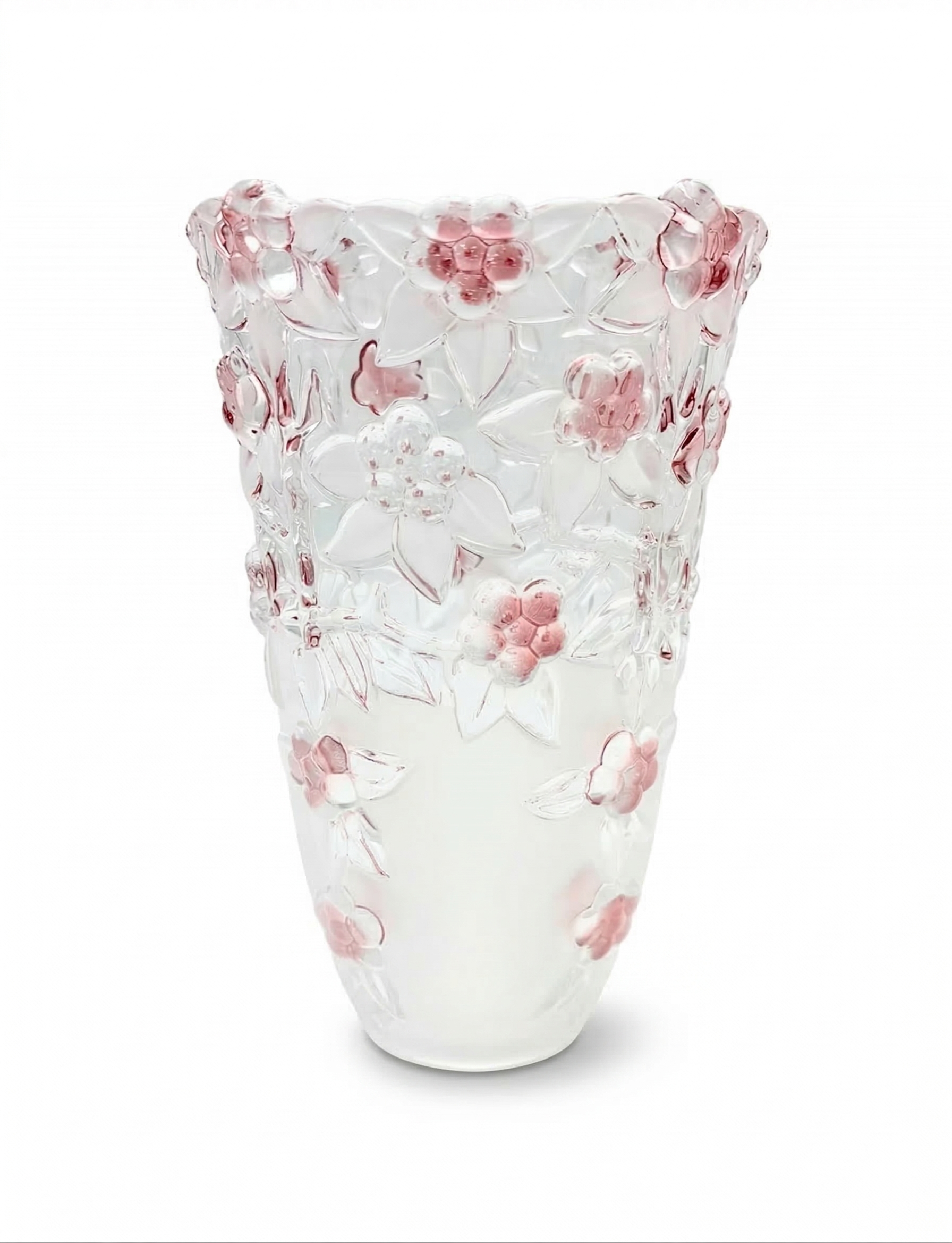 Heavy 9.5-inch crystal statement vase with molded pink blush floral designs.