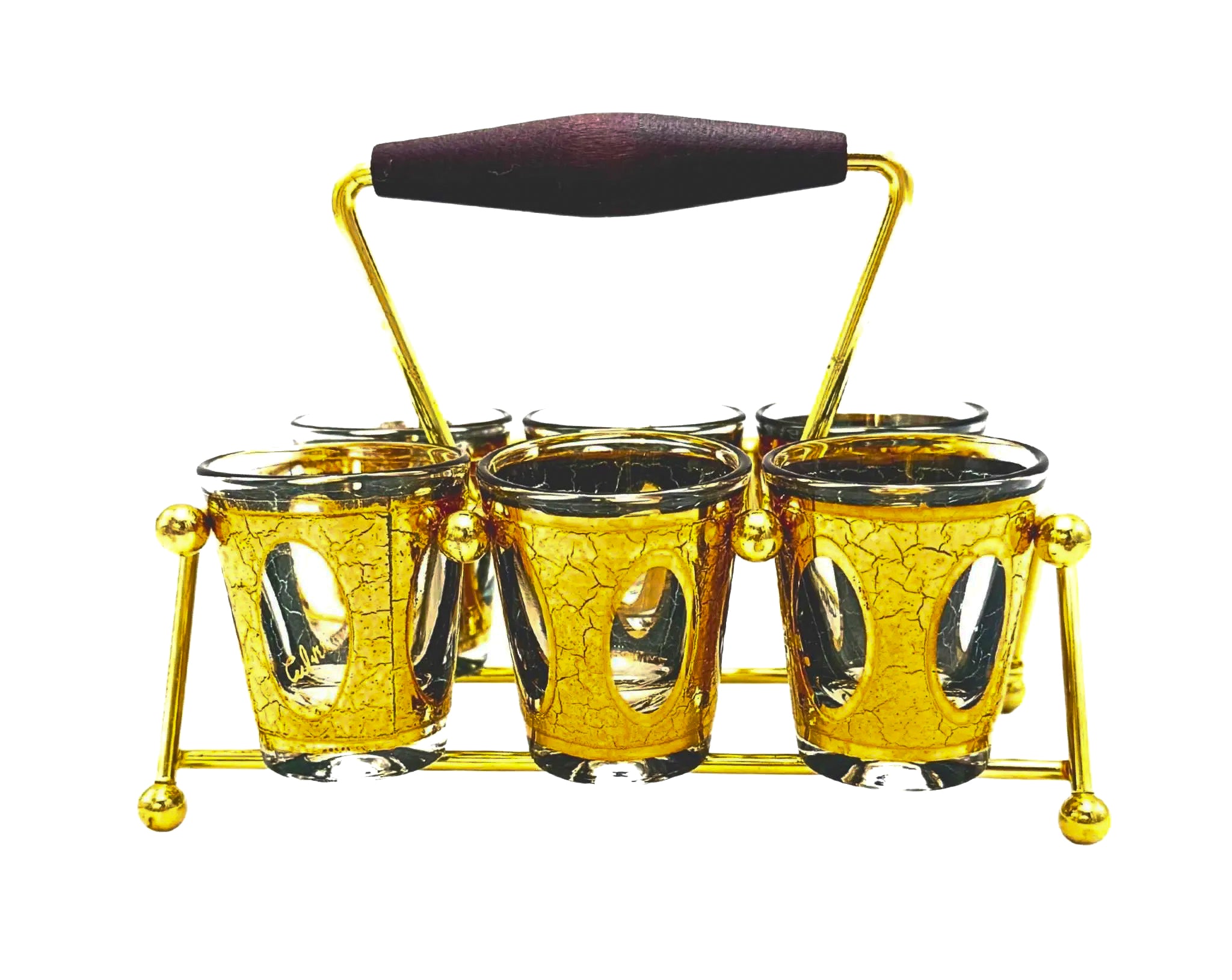 1960s Culver Antiqua shot glass set with green and gold crackle design in a vintage brass carrying caddy.
