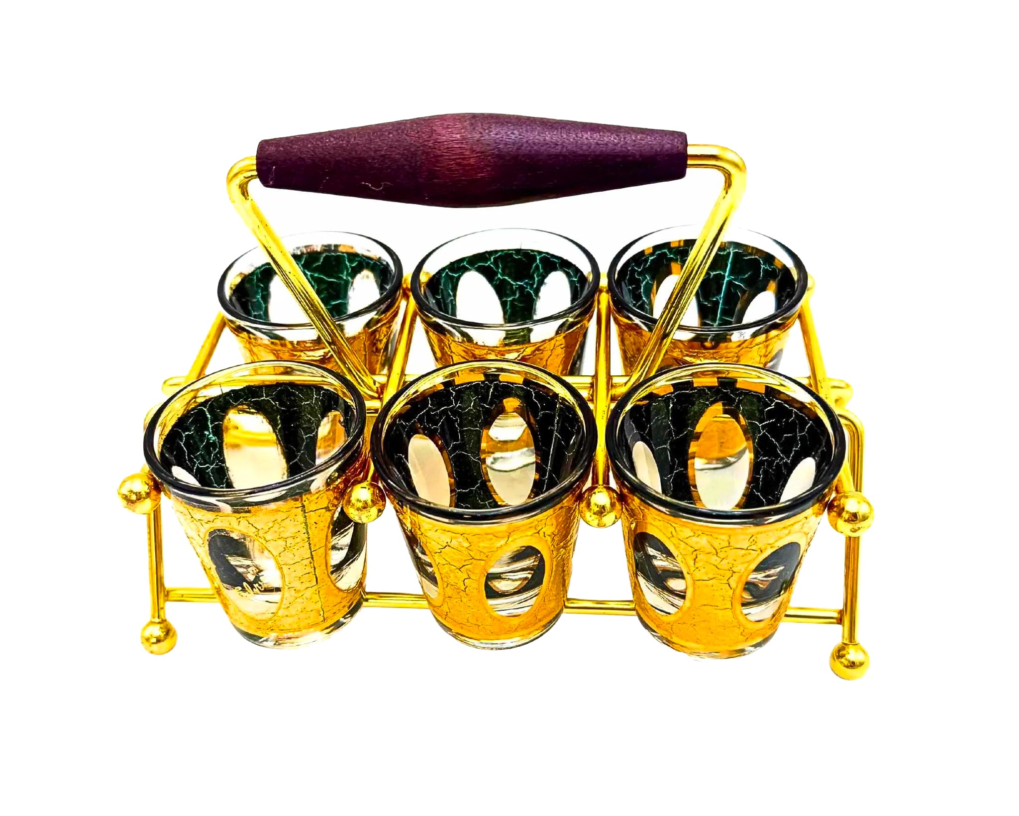 1960s Culver Antiqua shot glass set with green and gold crackle design in a vintage brass carrying caddy.