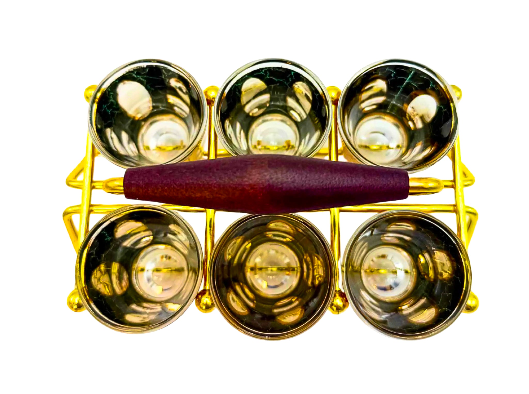 1960s Culver Antiqua shot glass set with green and gold crackle design in a vintage brass carrying caddy.