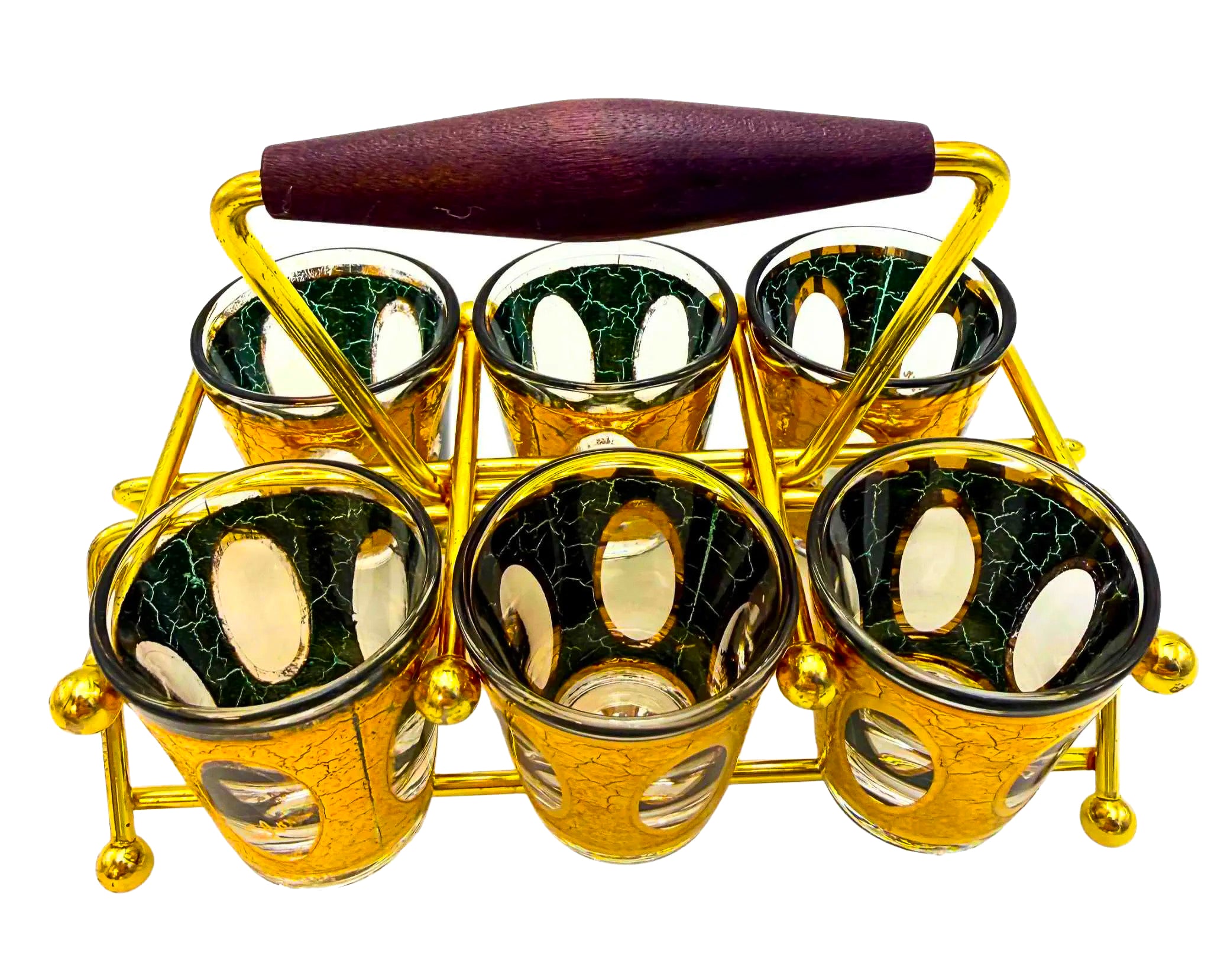 1960s Culver Antiqua shot glass set with green and gold crackle design in a vintage brass carrying caddy.