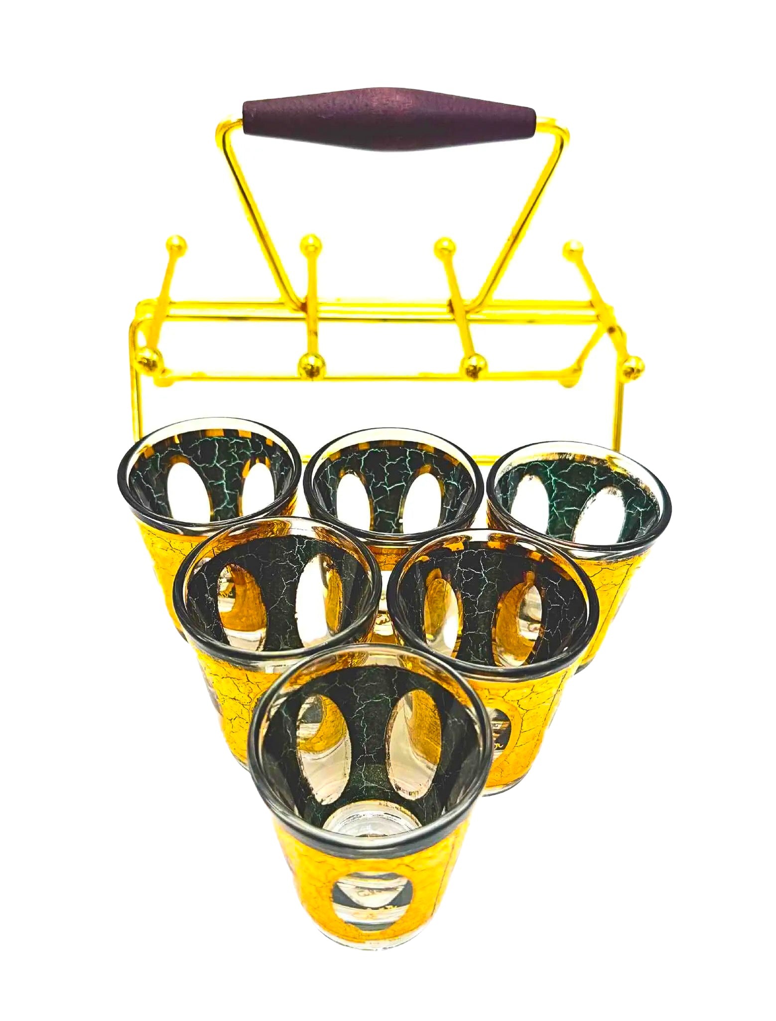 1960s Culver Antiqua shot glass set with green and gold crackle design in a vintage brass carrying caddy.