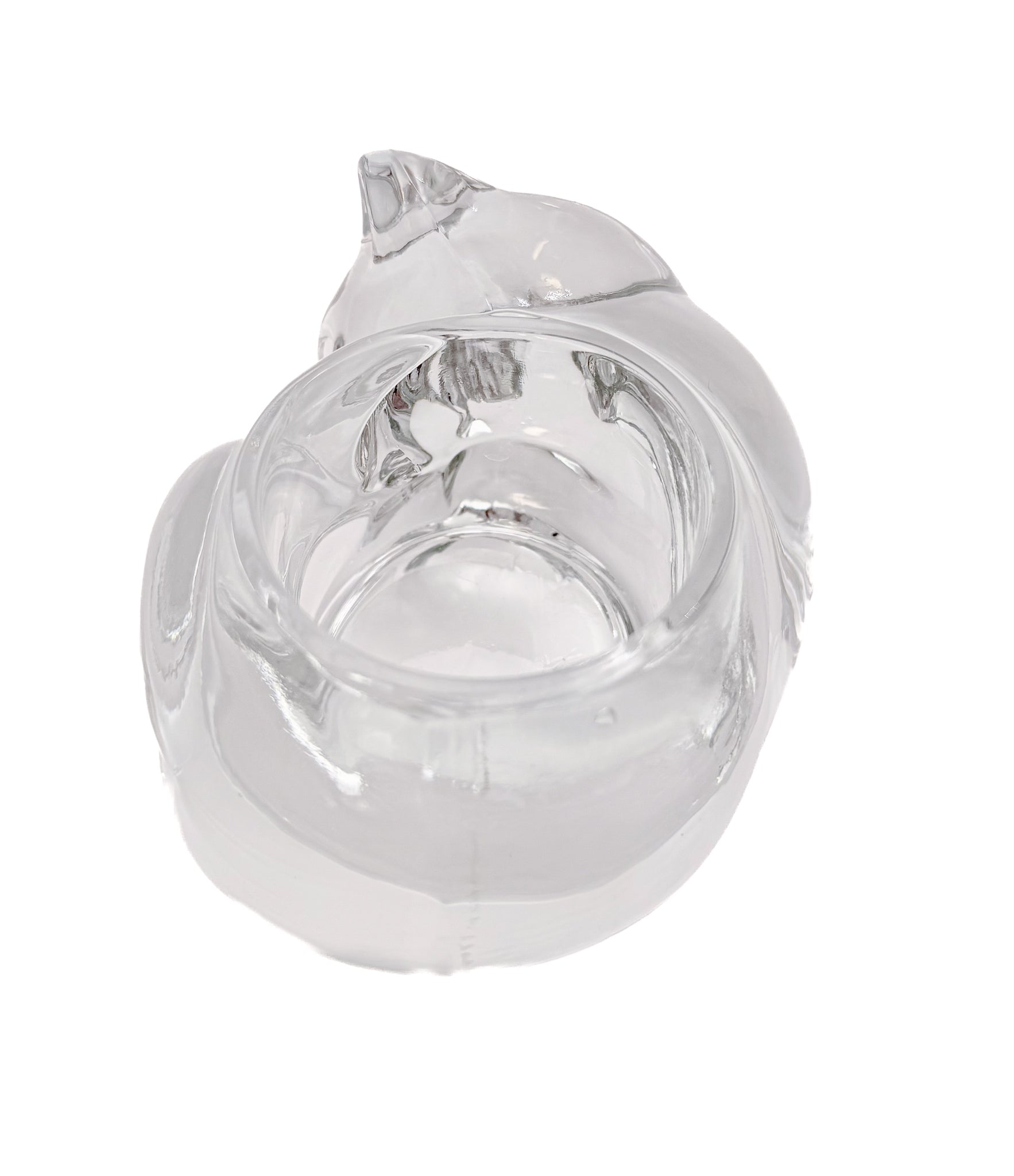 Clear molded glass votive holder shaped like a sleeping cat, vintage Indiana Glass.