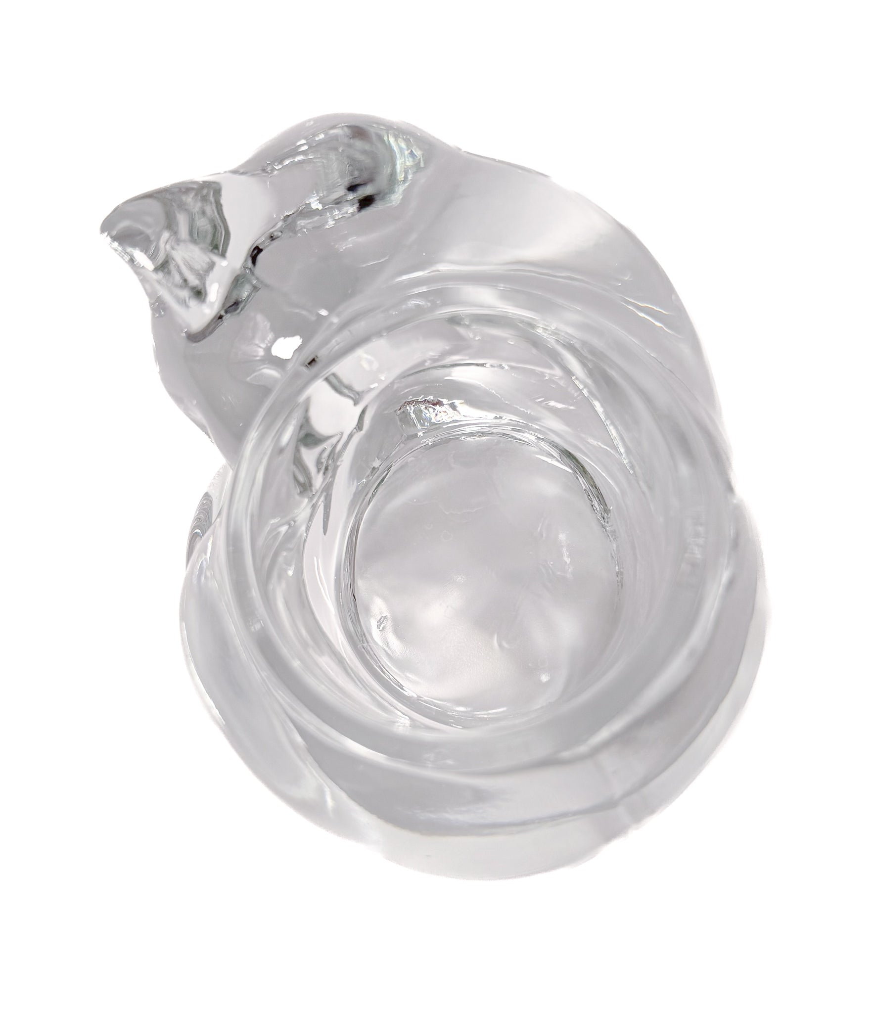Clear molded glass votive holder shaped like a sleeping cat, vintage Indiana Glass.