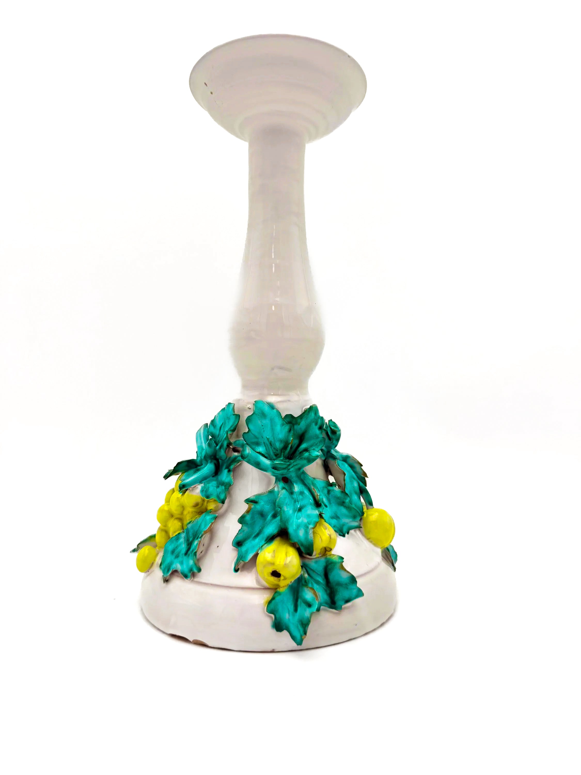 Tall vintage Italian ceramic candlestick featuring a colorful 3D fruit and leaf motif.