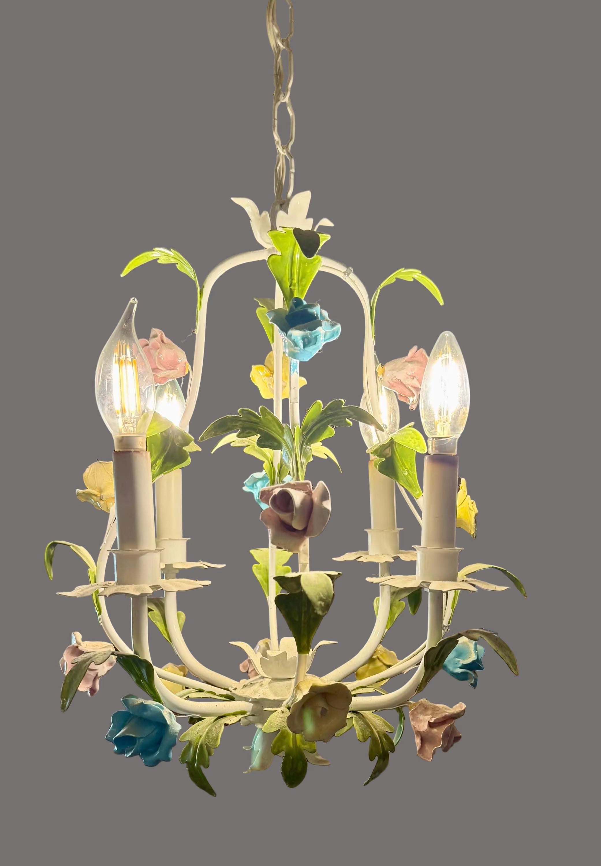 Hand-painted Italian tole chandelier featuring a European garden floral design in pastel colors.