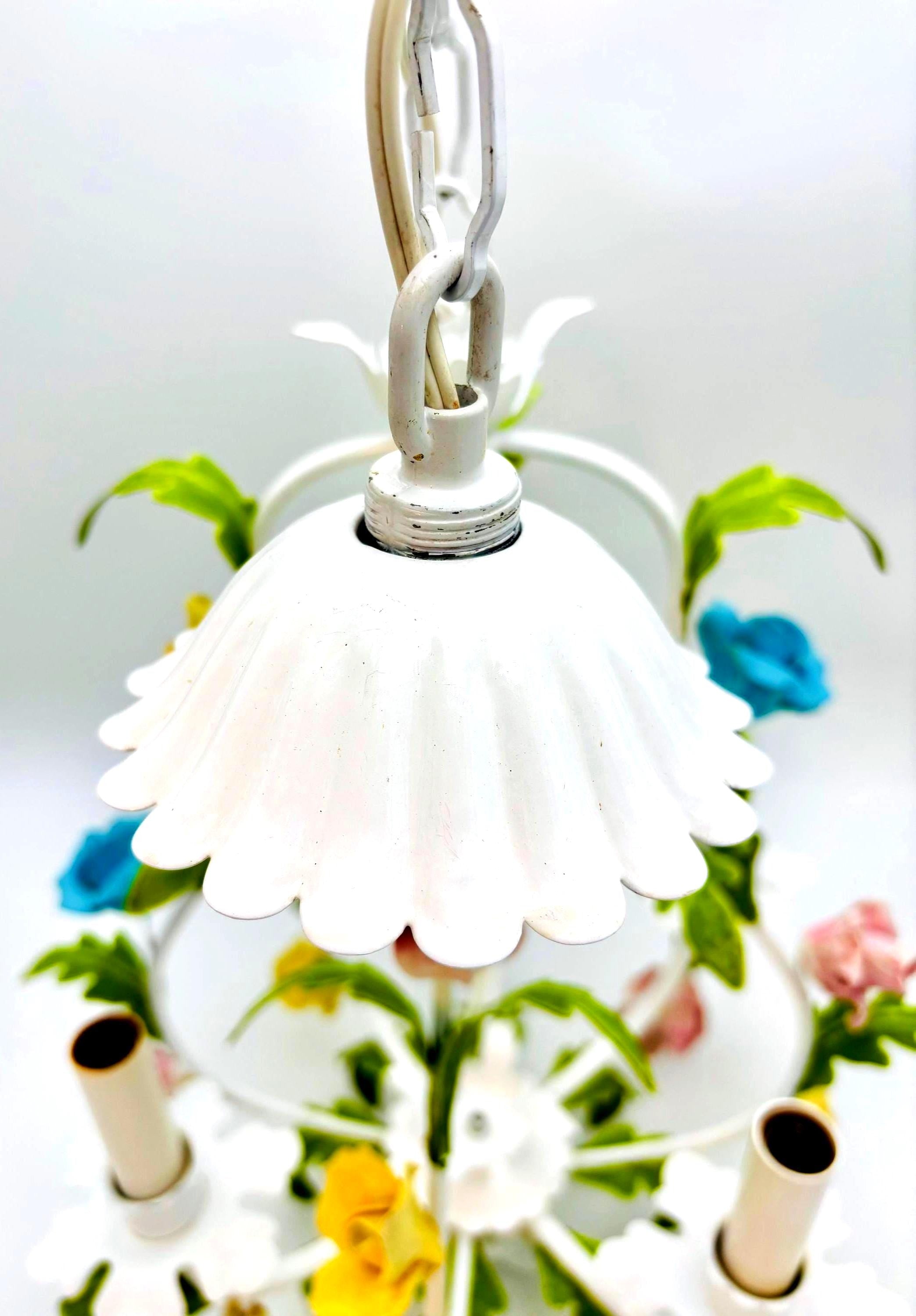 Hand-painted Italian tole chandelier featuring a European garden floral design in pastel colors.
