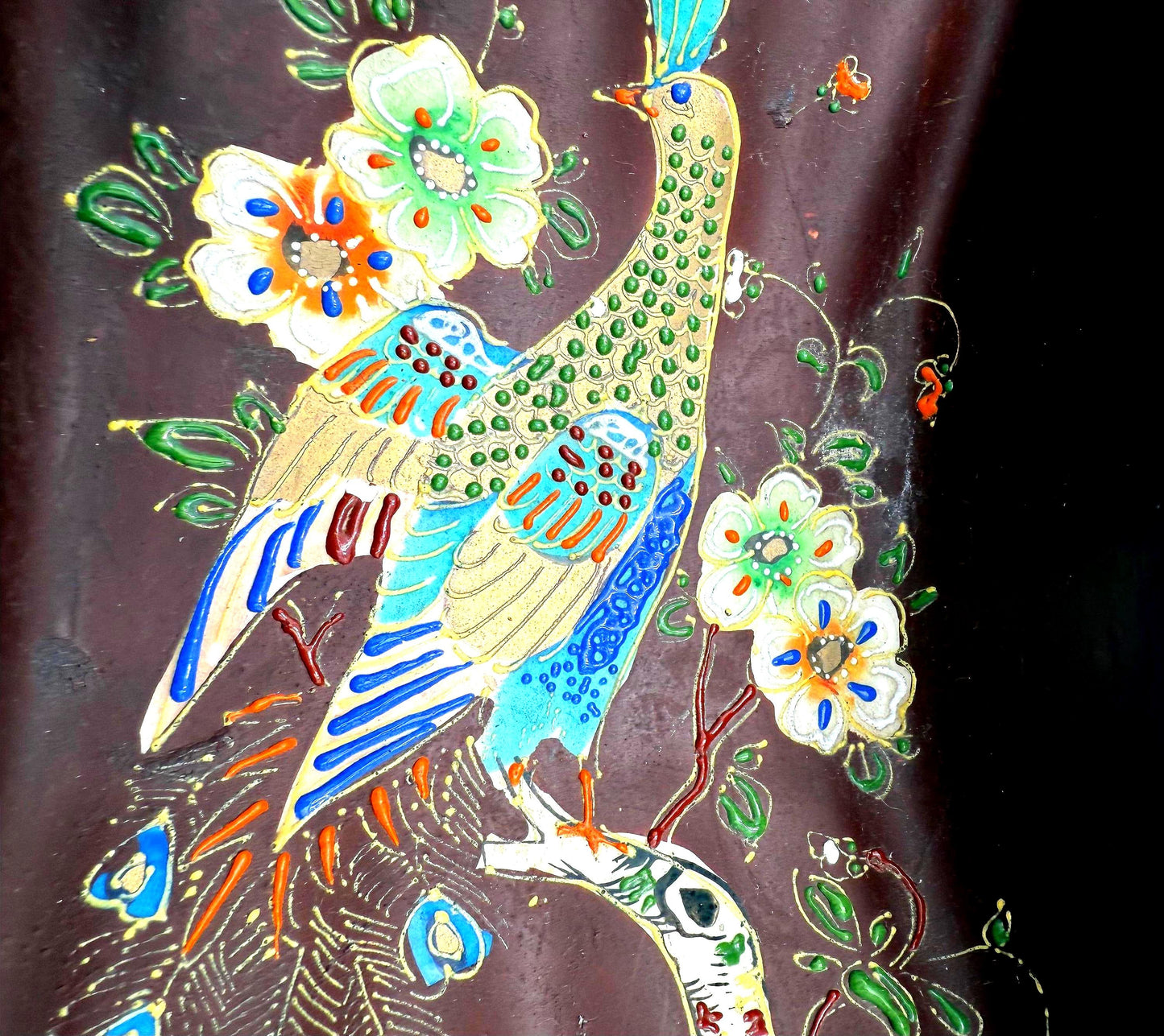Vintage Japanese pottery basket featuring a hand-painted peacock motif and a natural wicker handle.