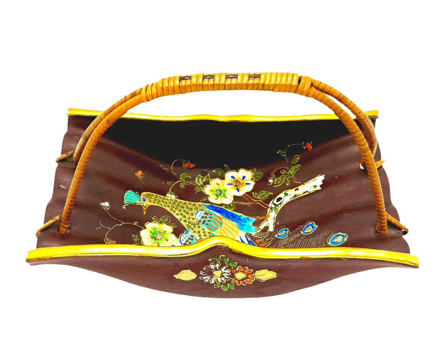 Vintage Japanese pottery basket featuring a hand-painted peacock motif and a natural wicker handle.