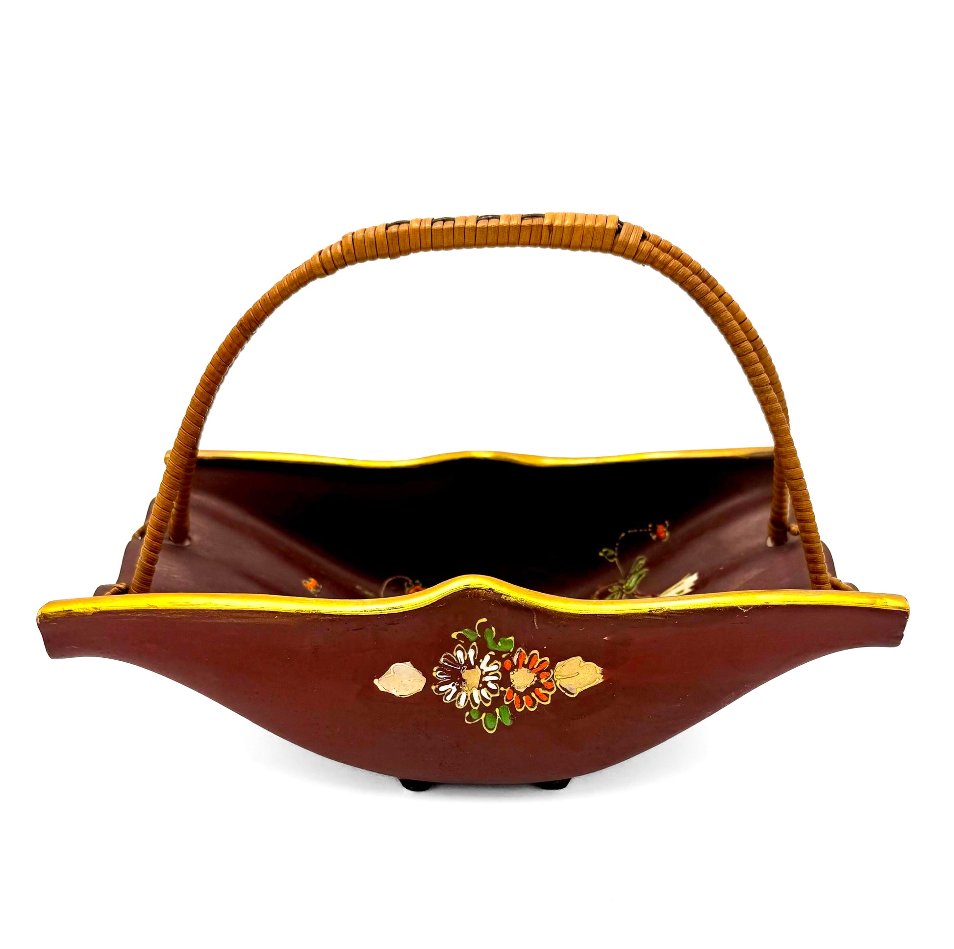 Vintage Japanese pottery basket featuring a hand-painted peacock motif and a natural wicker handle.