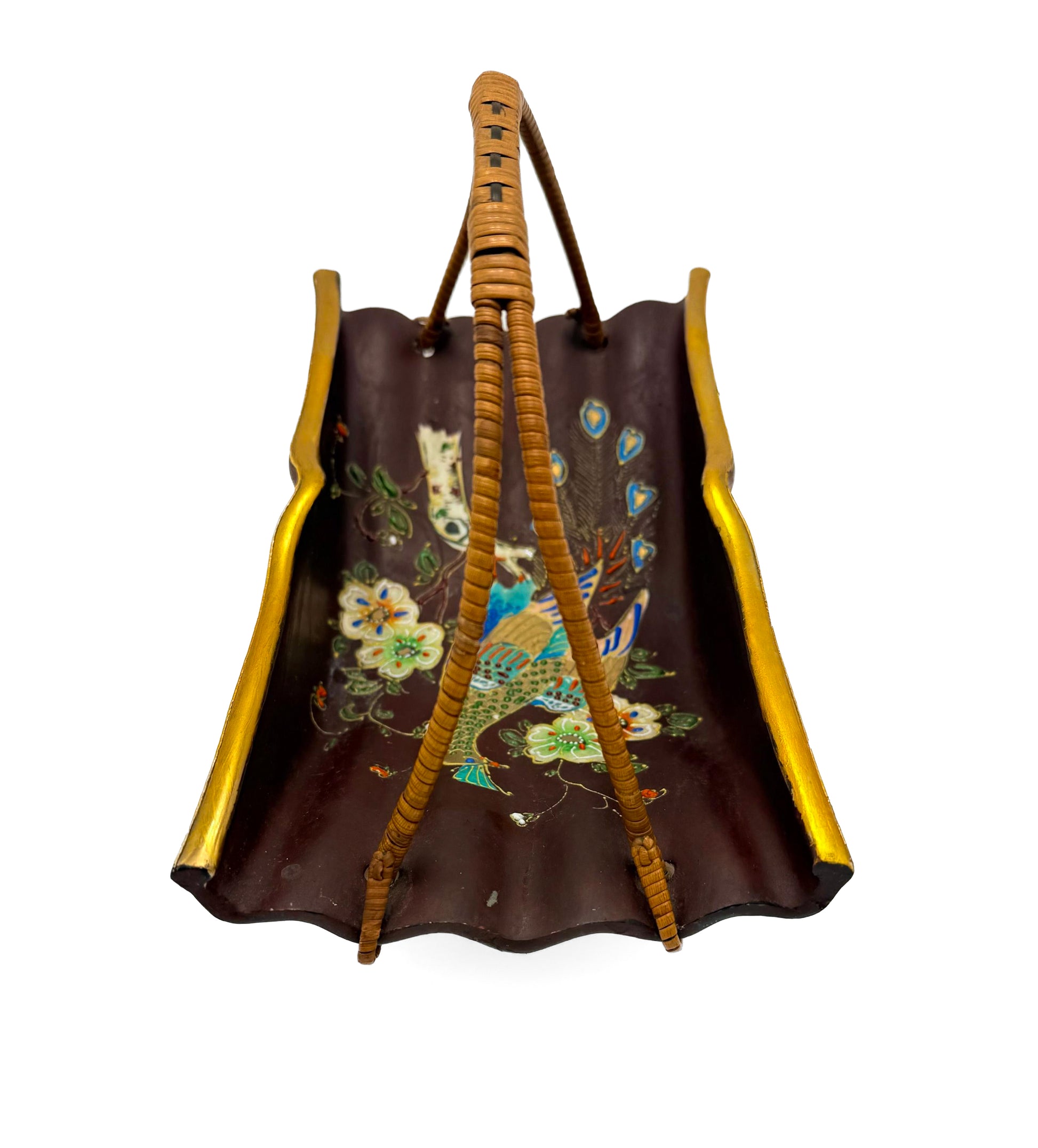 Vintage Japanese pottery basket featuring a hand-painted peacock motif and a natural wicker handle.