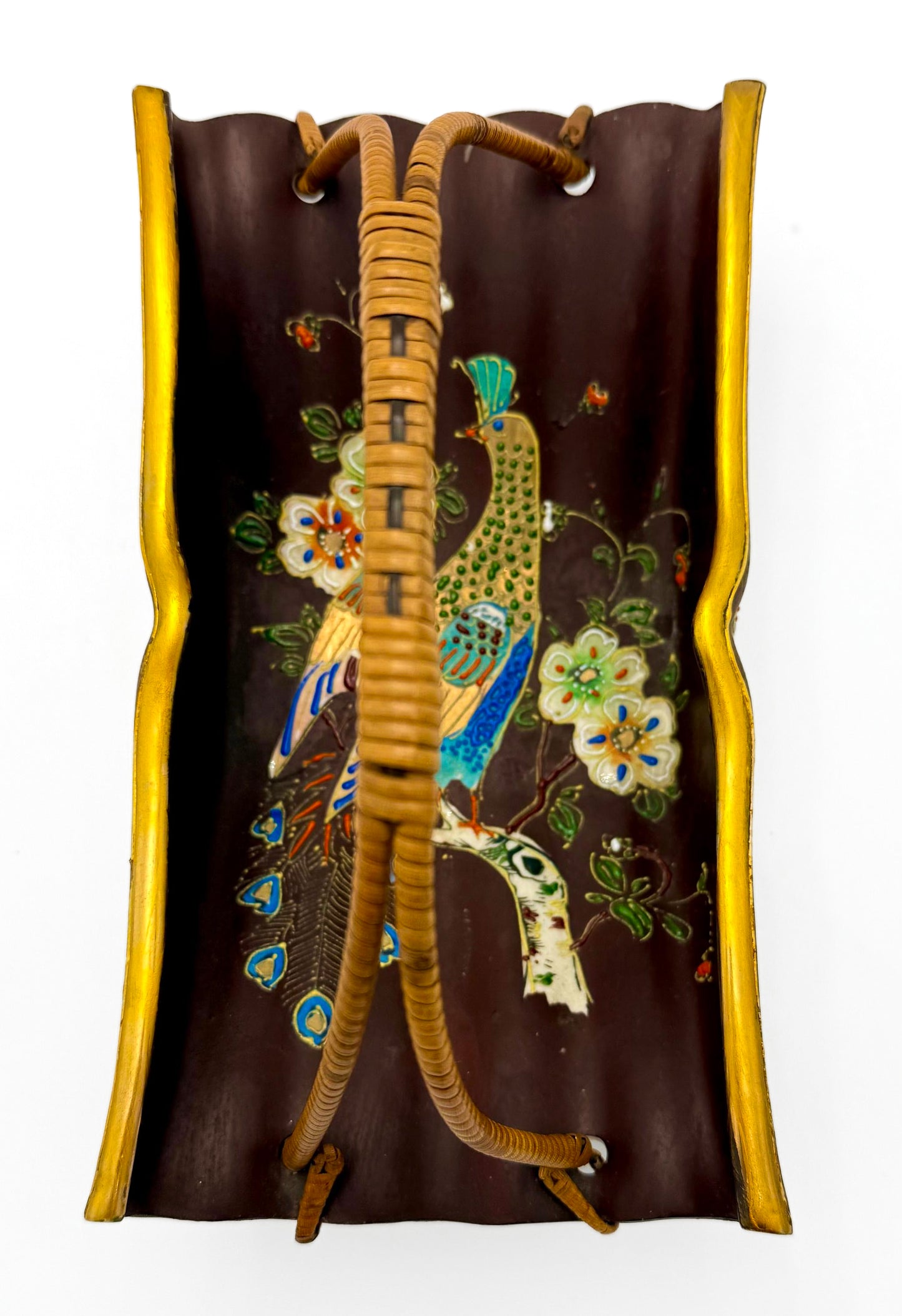 Vintage Japanese pottery basket featuring a hand-painted peacock motif and a natural wicker handle.