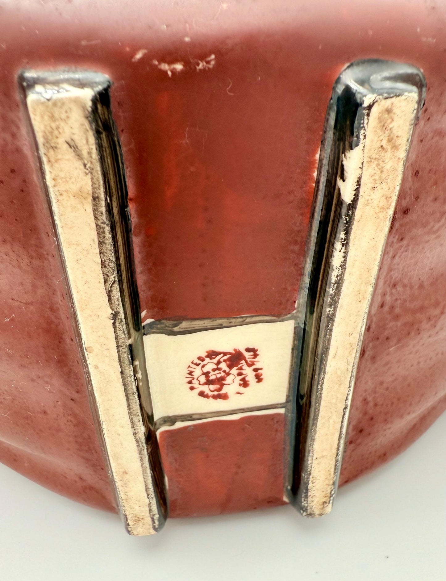 Vintage Japanese pottery basket featuring a hand-painted peacock motif and a natural wicker handle.