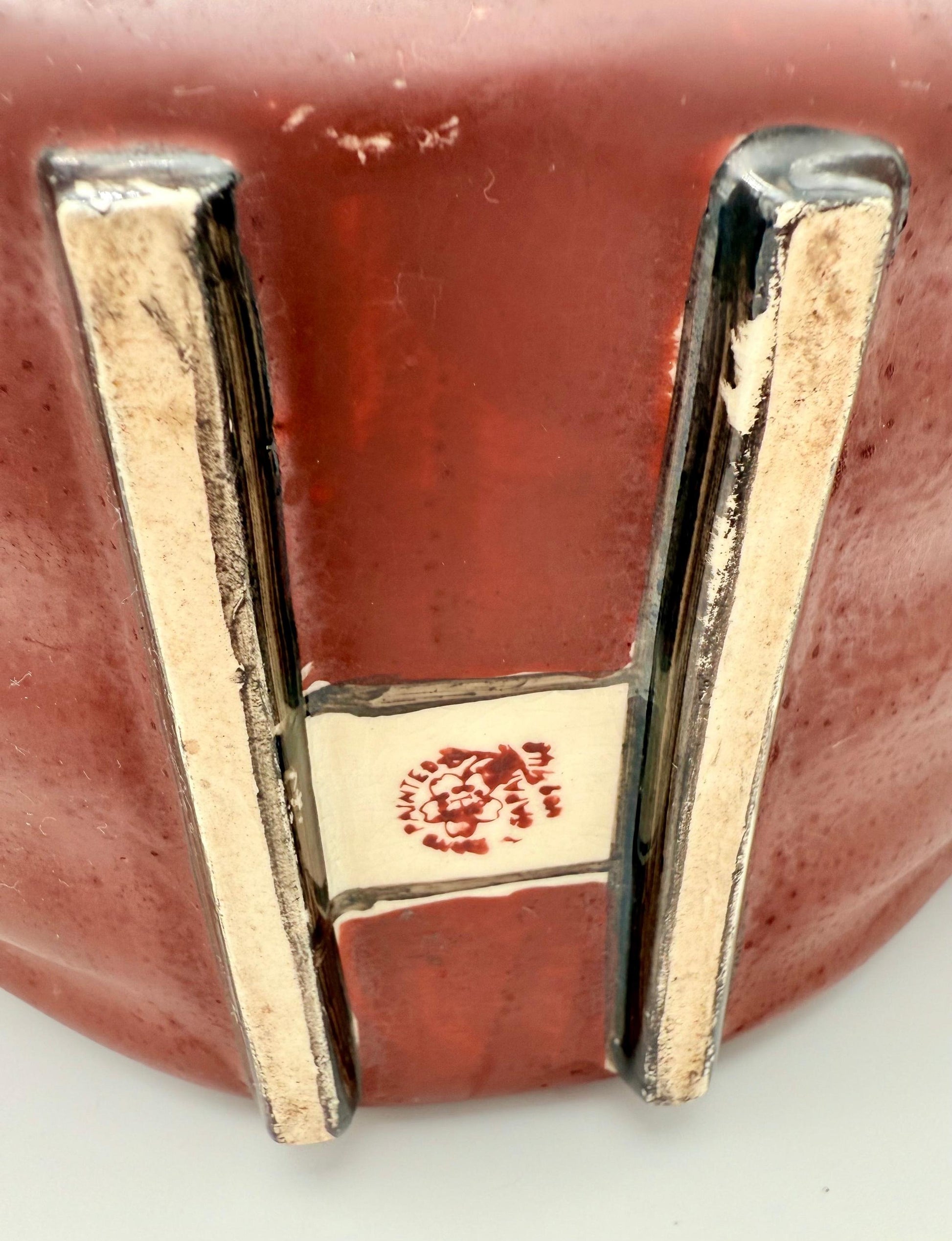Vintage Japanese pottery basket featuring a hand-painted peacock motif and a natural wicker handle.