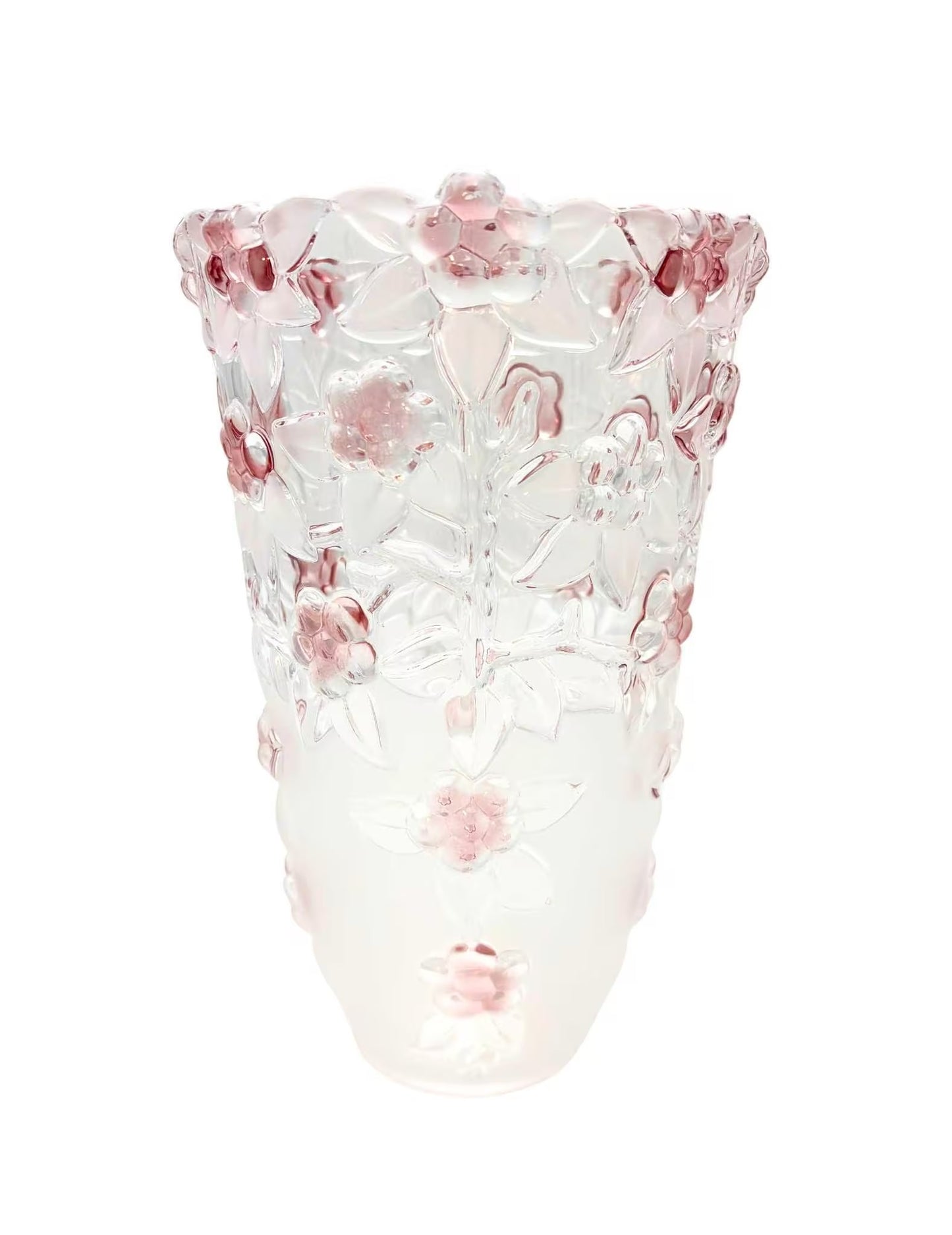 Heavy 9.5-inch crystal statement vase with molded pink blush floral designs.