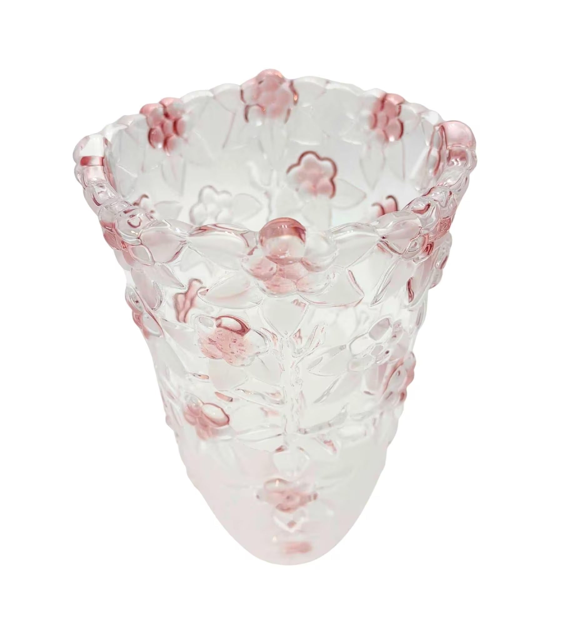 Heavy 9.5-inch crystal statement vase with molded pink blush floral designs.