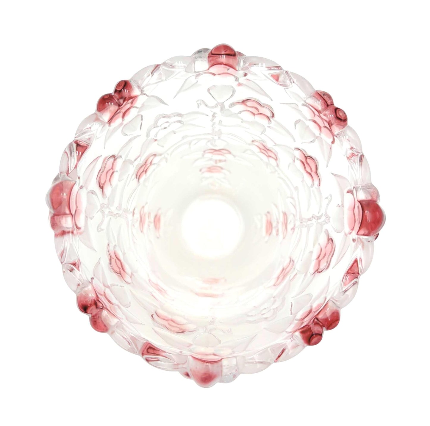 Heavy 9.5-inch crystal statement vase with molded pink blush floral designs.