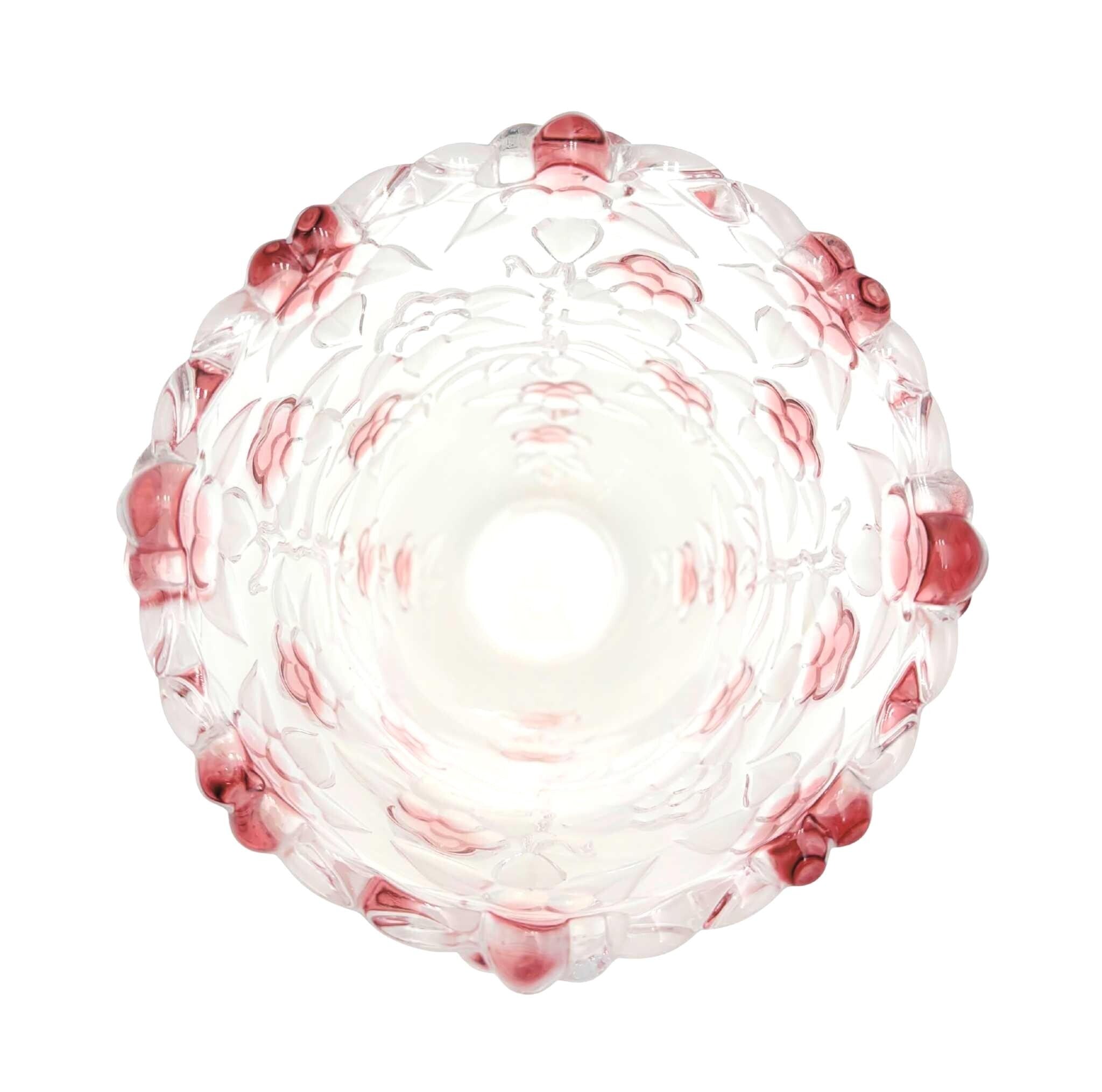 Heavy 9.5-inch crystal statement vase with molded pink blush floral designs.