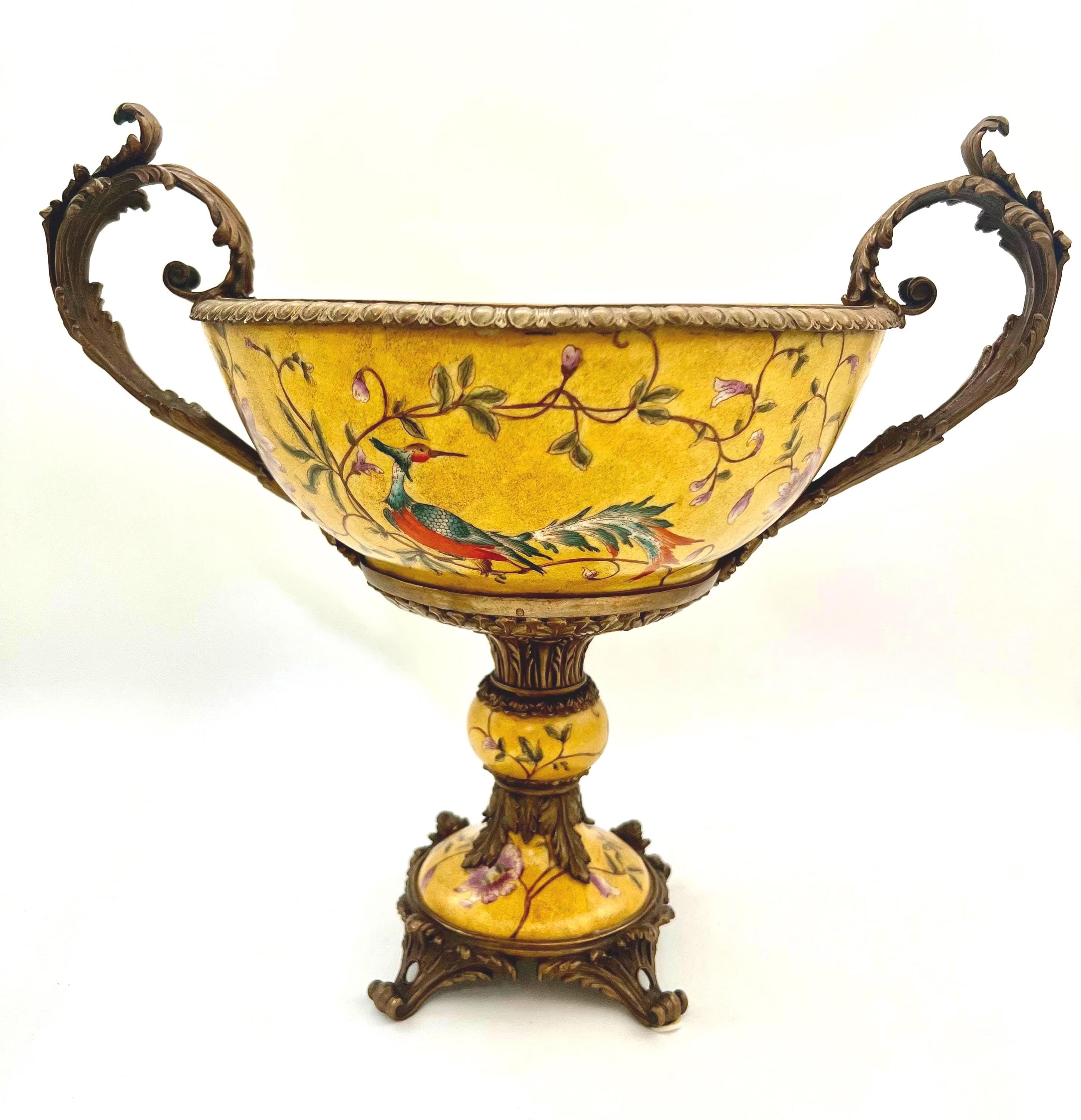Large Mark Roberts porcelain centerpiece bowl with yellow floral designs and matching candle holders.