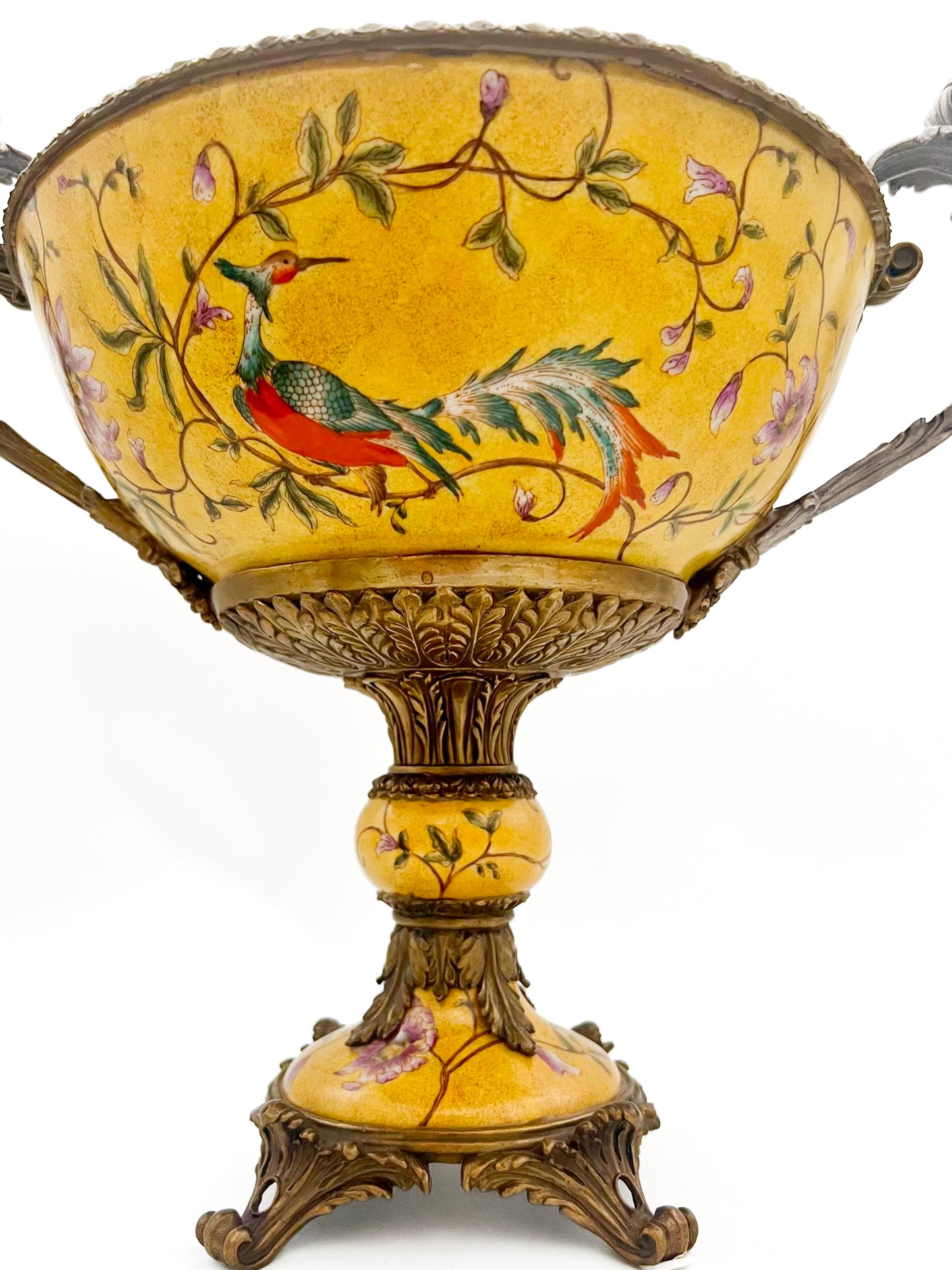 Large Mark Roberts porcelain centerpiece bowl with yellow floral designs and matching candle holders.