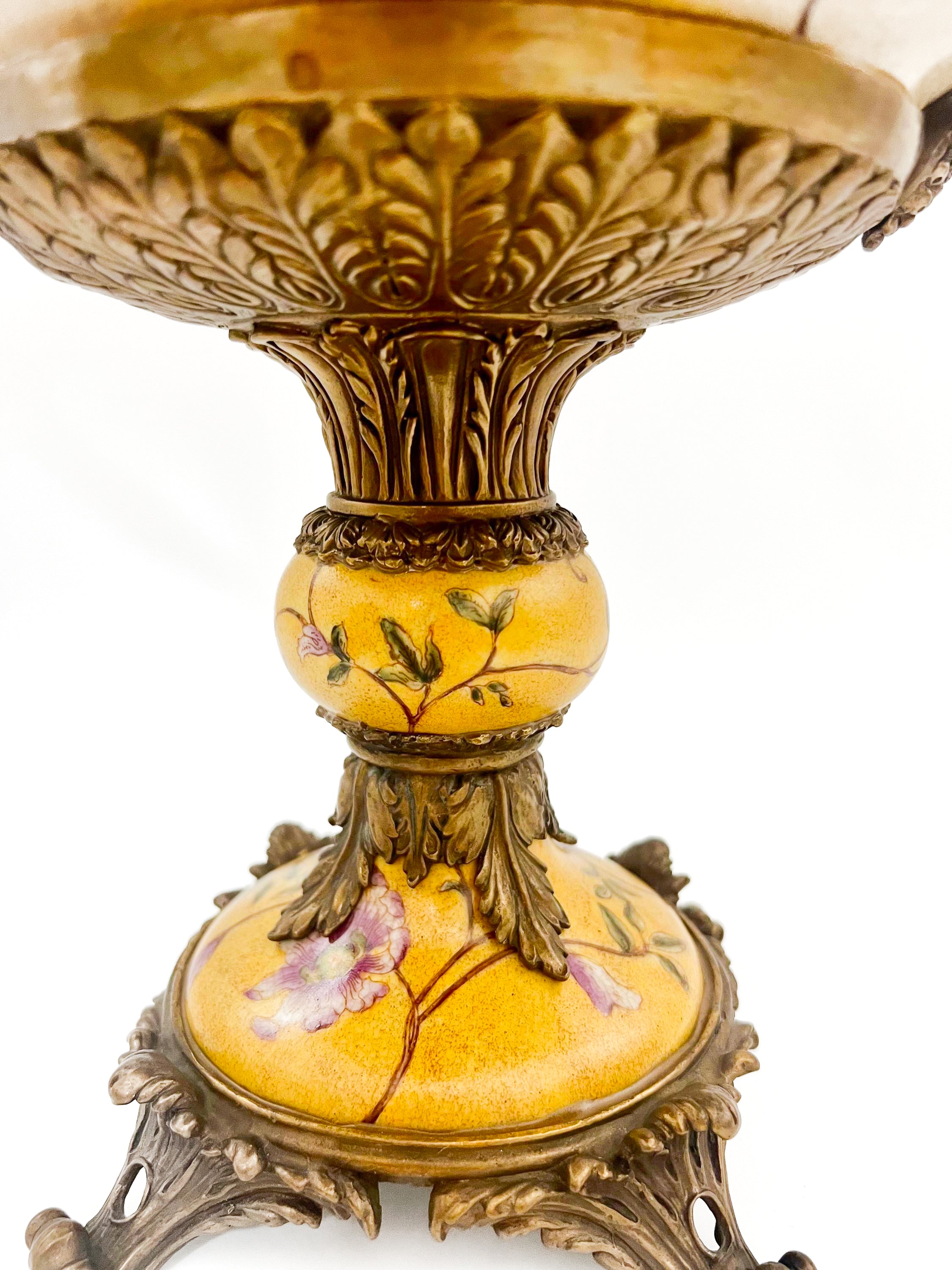 Large Mark Roberts porcelain centerpiece bowl with yellow floral designs and matching candle holders.