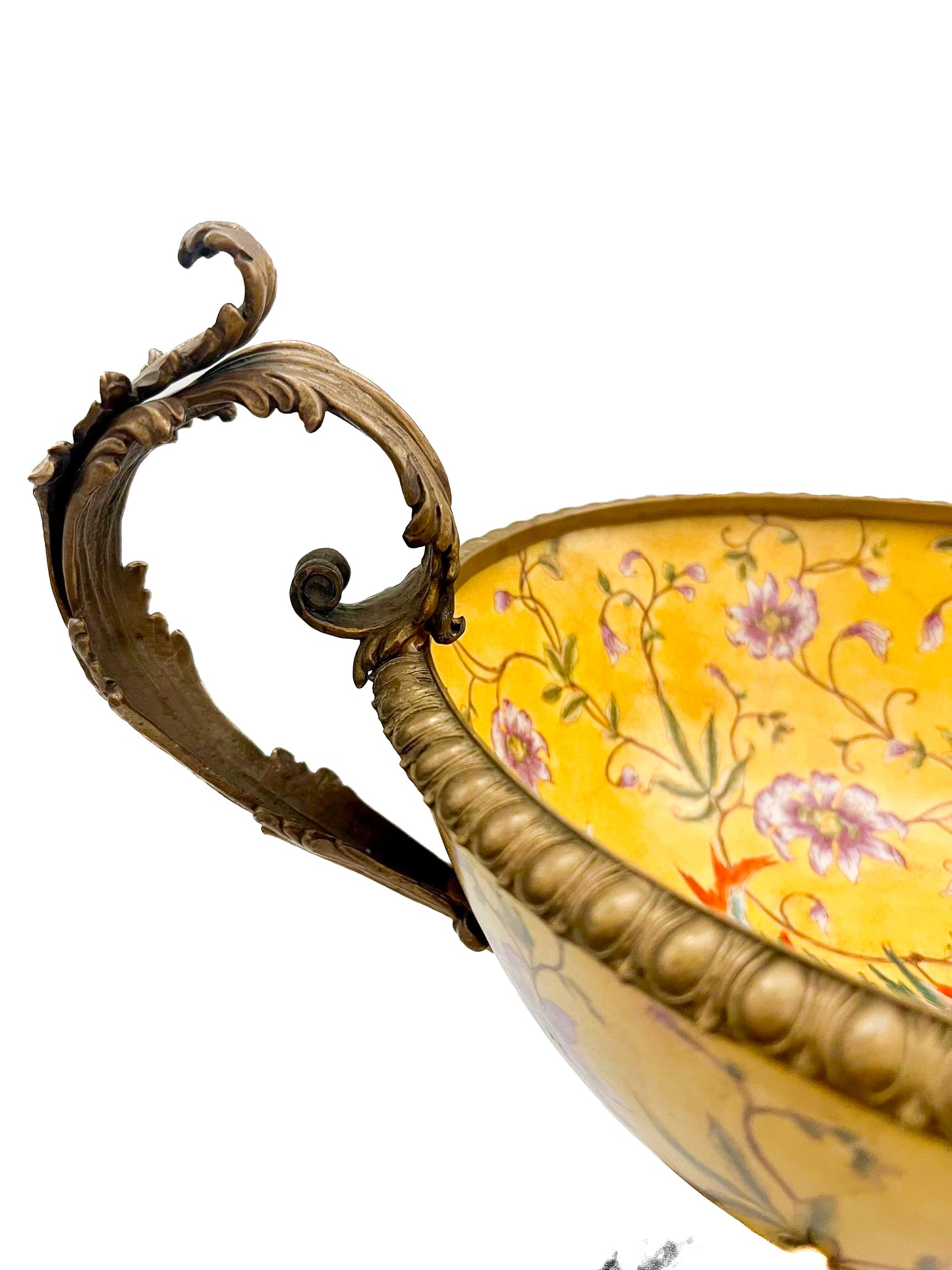 Large Mark Roberts porcelain centerpiece bowl with yellow floral designs and matching candle holders.