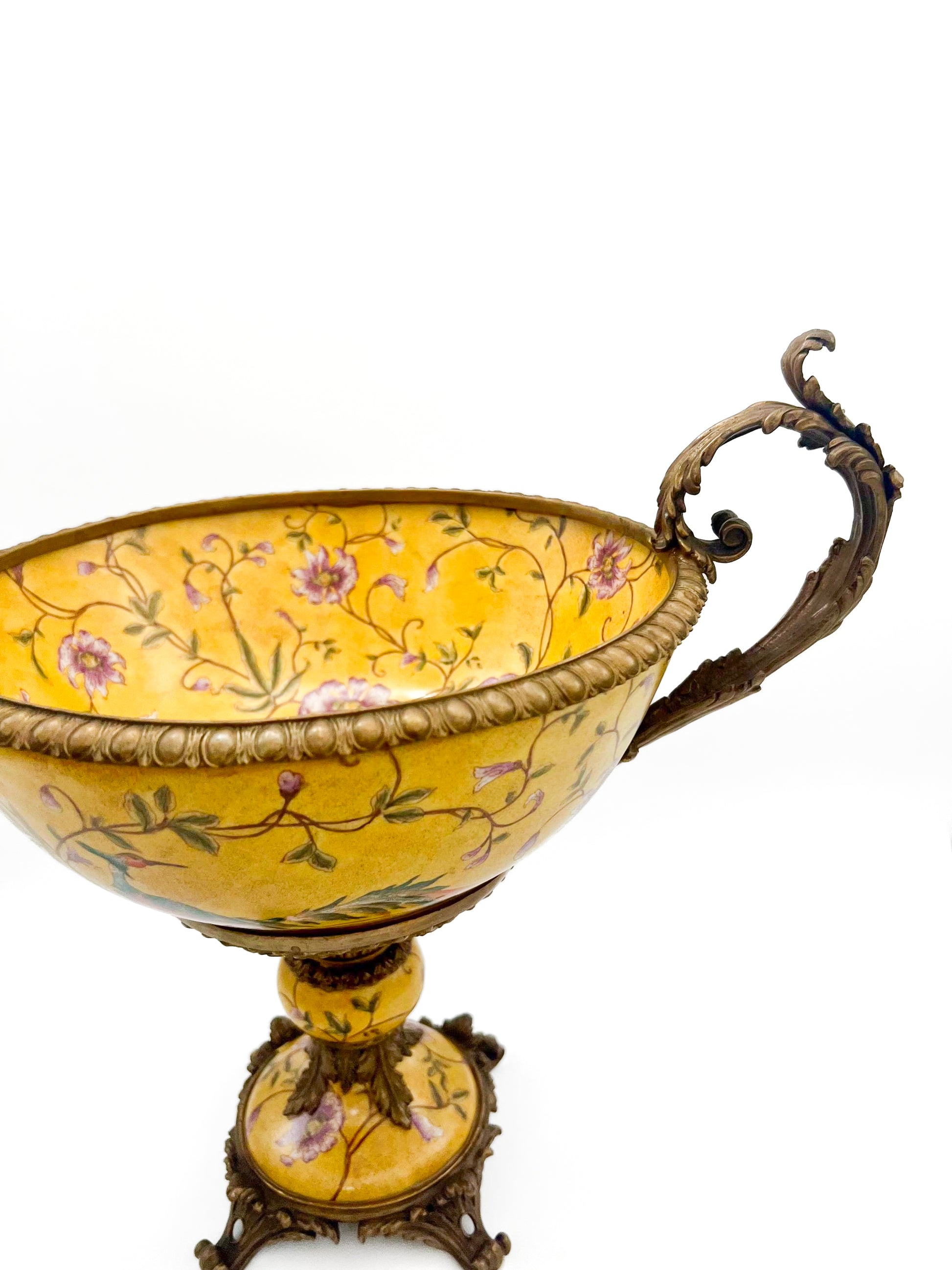 Large Mark Roberts porcelain centerpiece bowl with yellow floral designs and matching candle holders.