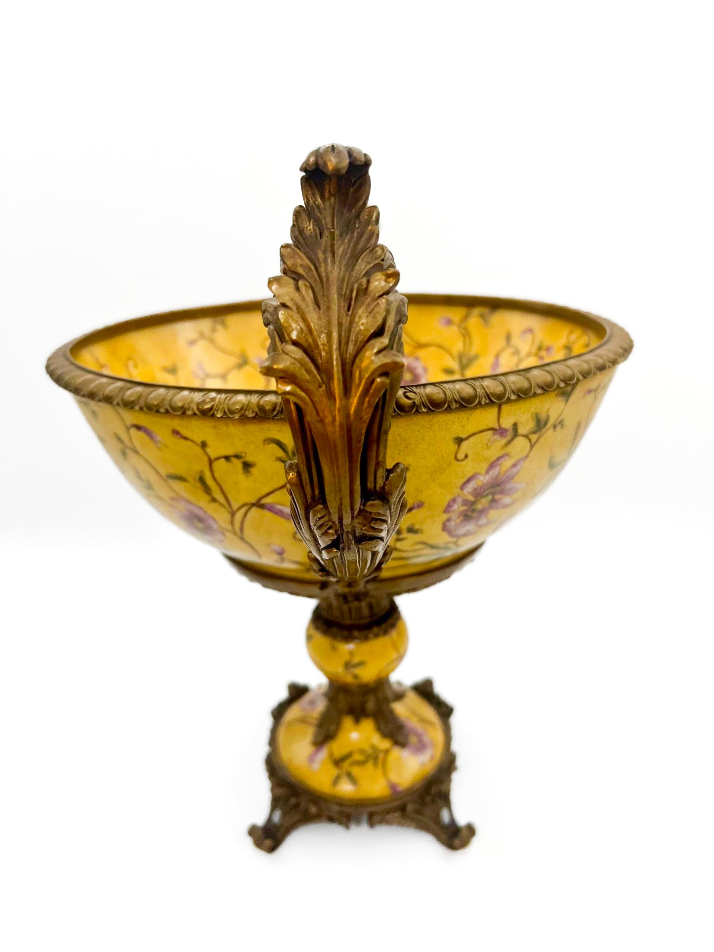 Large Mark Roberts porcelain centerpiece bowl with yellow floral designs and matching candle holders.