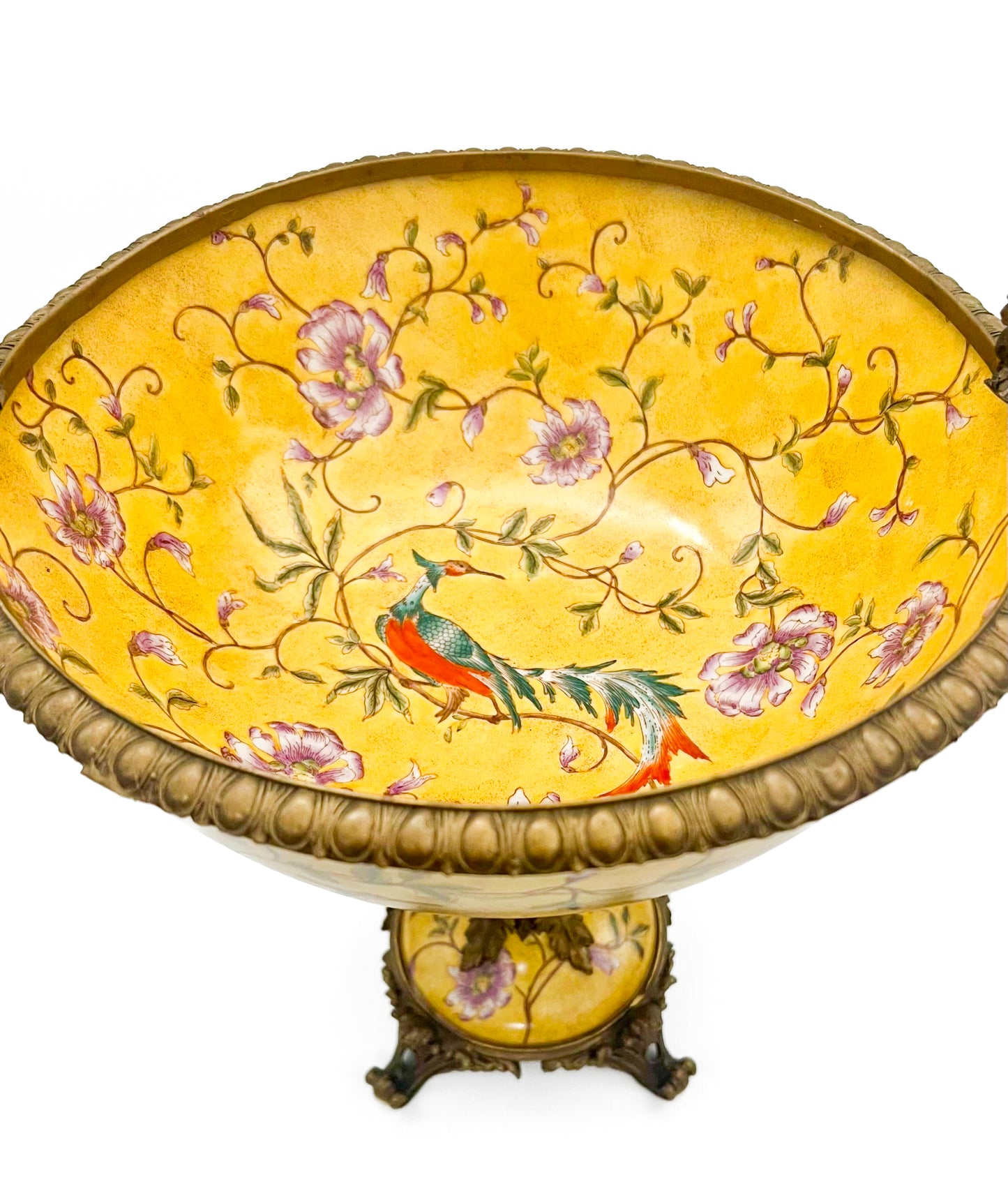 Large Mark Roberts porcelain centerpiece bowl with yellow floral designs and matching candle holders.