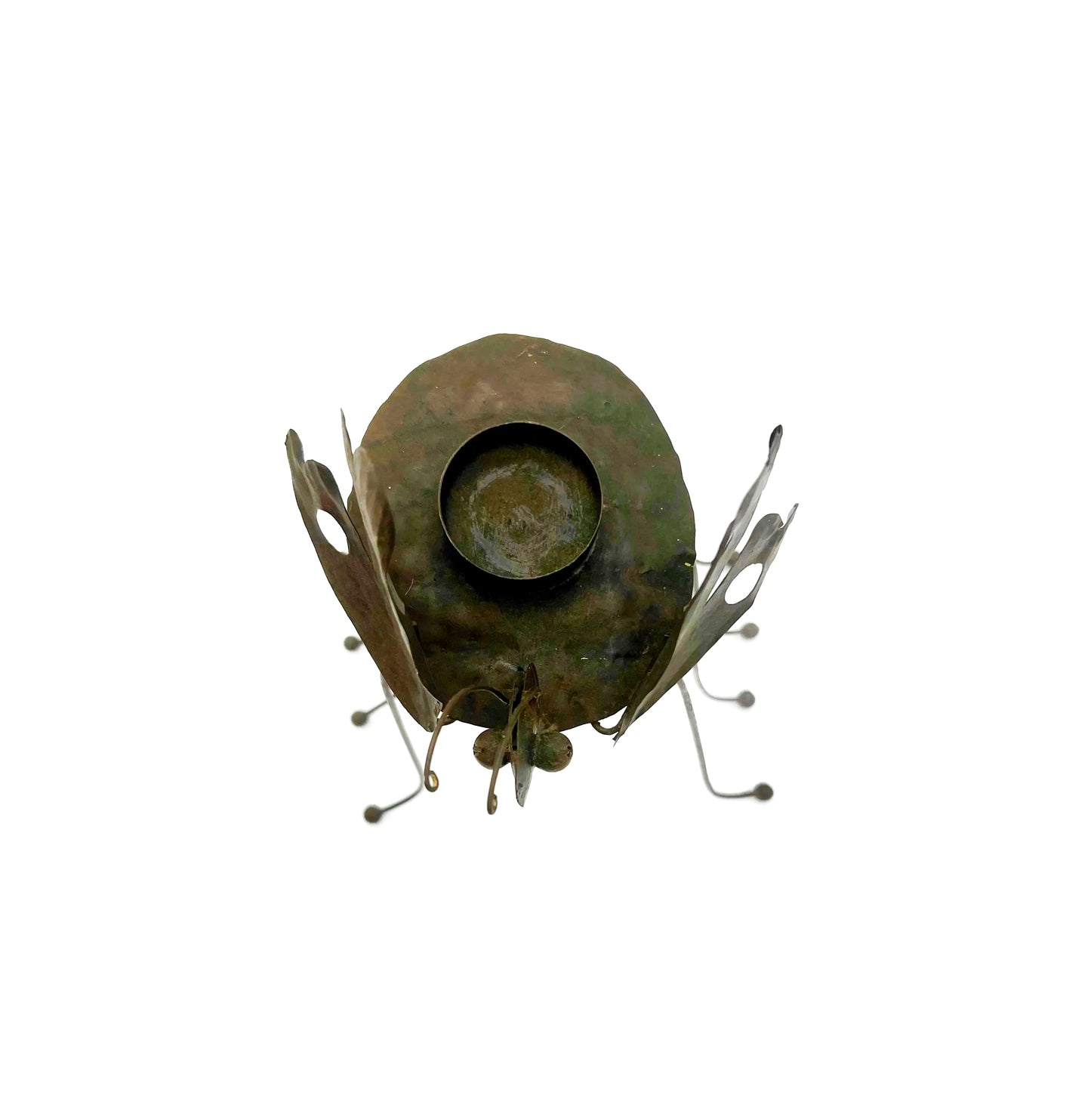 Whimsical vintage metal candle holder shaped like a butterfly with open-work wings.