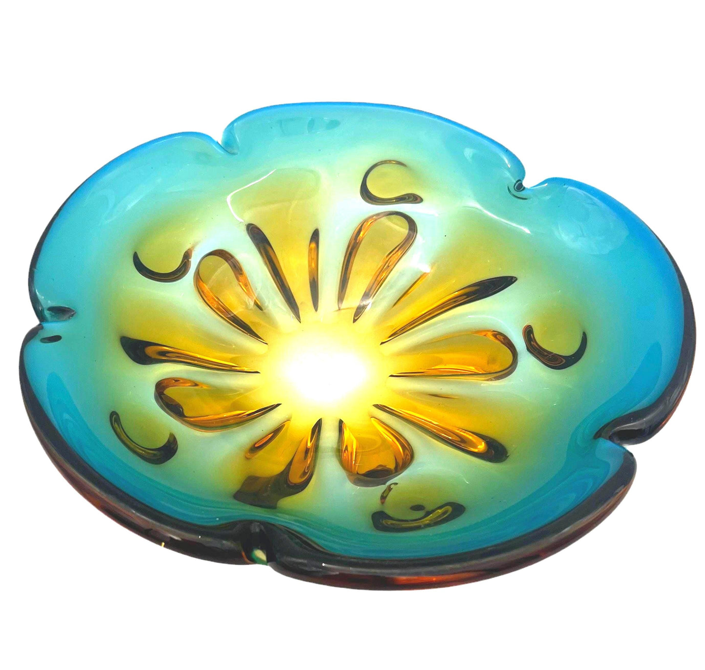 Large vintage art glass bowl with a smooth ombre transition from deep teal green to warm amber.