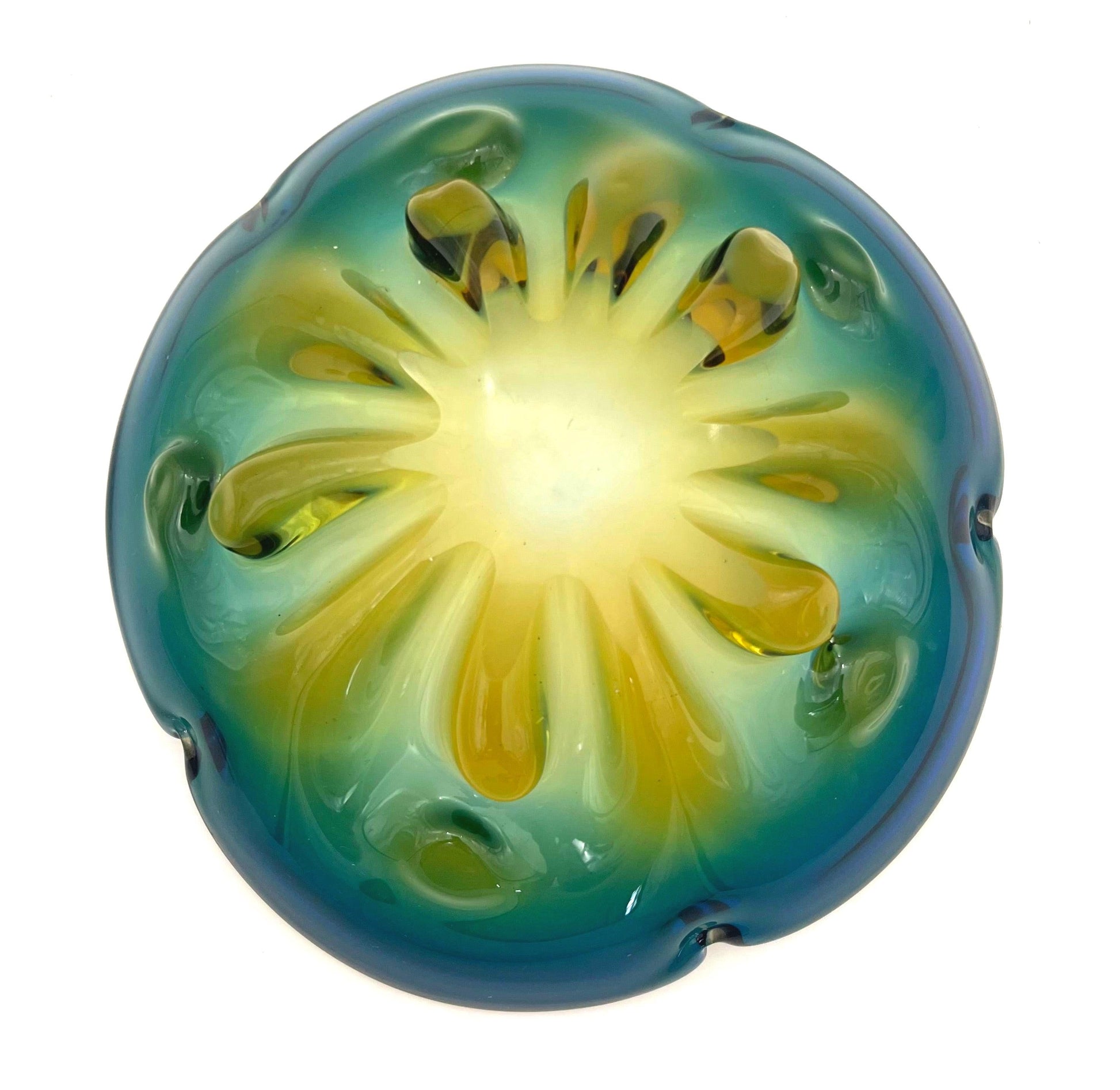 Large vintage art glass bowl with a smooth ombre transition from deep teal green to warm amber.
